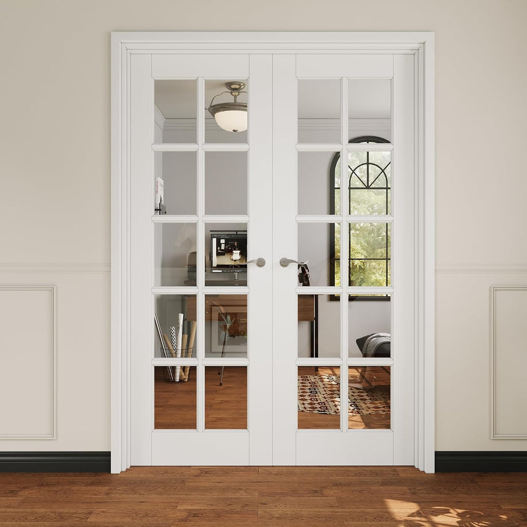 French Door 48' x 80' (Double 24' x 80') 10-Lite Clear Glass Door Slabs with Pre-Hung Jamb, Silver Hinges, Levers and Latch, White Primed, French Interior Doors with Frame, Swing Double Bedroom Doors