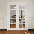 French Door 56' x 80' (Double 28' x 80') 10-Lite Clear Glass Door Slabs with Pre-Hung Jamb, Silver Hinges, Levers and Latch, White Primed, French Interior Doors with Frame, Swing Double Bedroom Doors