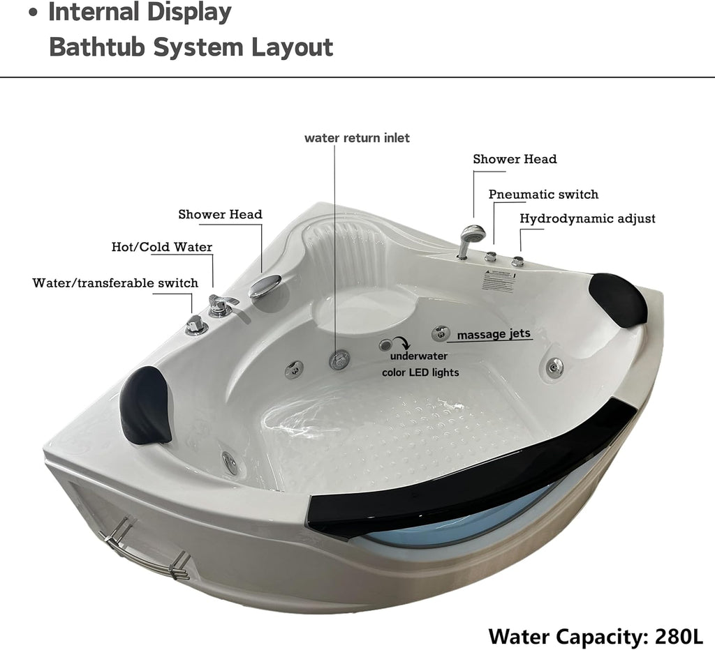 Favfurish 59' Corner Whirlpool Bathtub,Jetted Spa Tub w/ 6 Hydro Massage Jets, Freestanding Heated Soaking Combination Bathtub w/Chromatherapy LED Lights, UL Certified Water Pump,UPC Certified Drainer