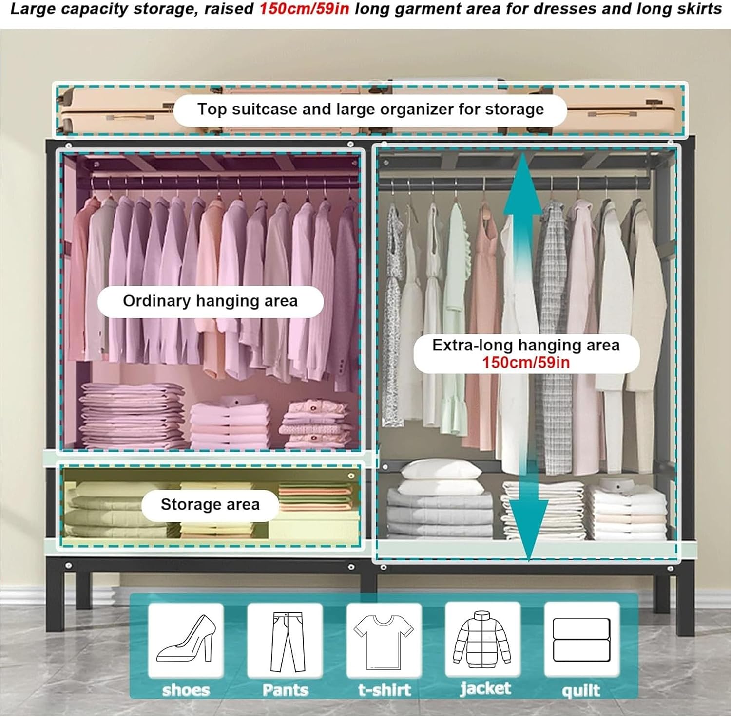 Large Capacity Portable Foldable Cloth Rack With Cover - Bedroom Heavy-duty Closet Rack, 2000 Lbs Capacity Wardrobe Clothing Storage Rack Display Rack/Freestanding Clothing Coat Storage Rack(Color:E,S