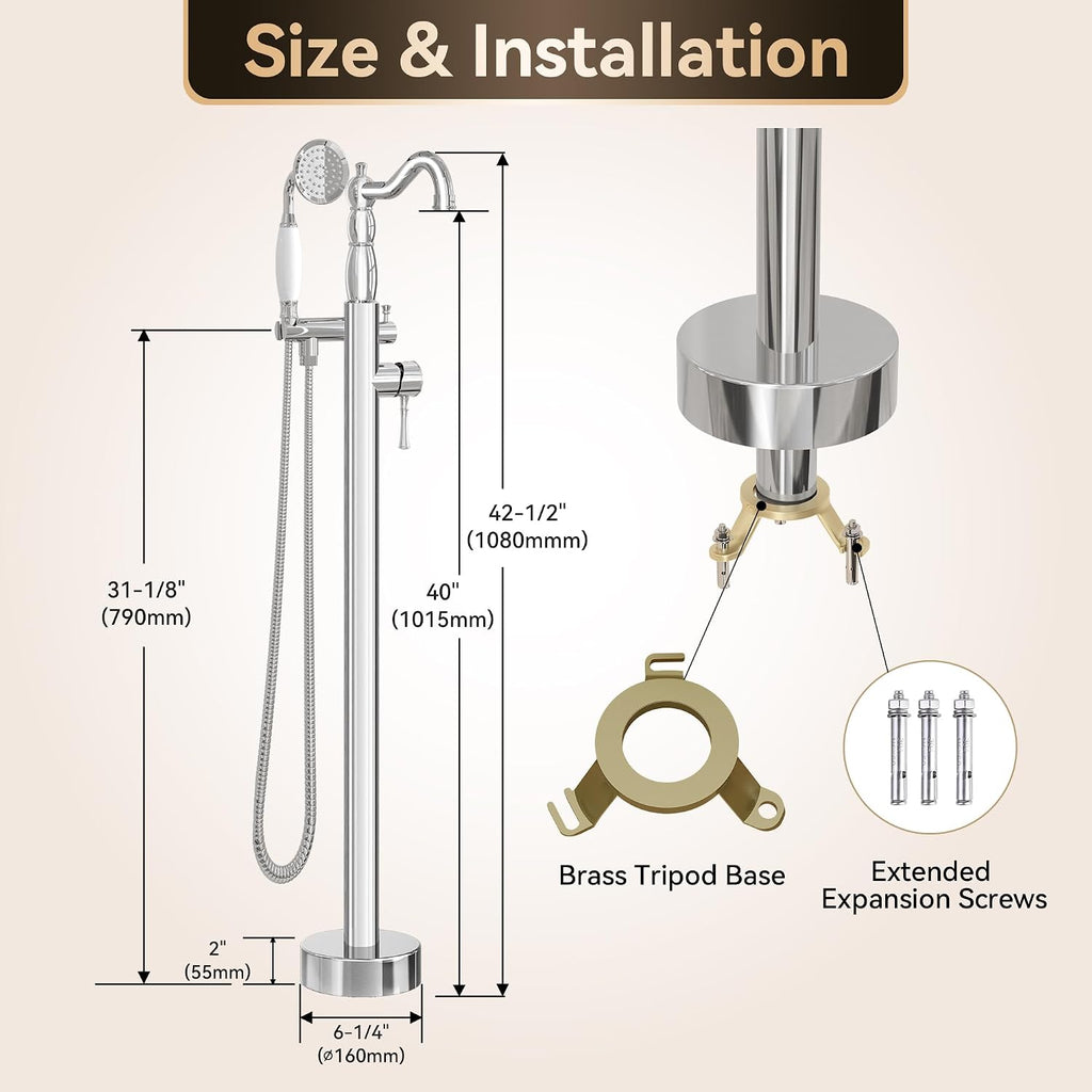 SUPERFLO Freestanding Bathtub Faucet Chrome Tub Fillers Freestanding, Brass Free Standing Tub Faucet Floor Mounted Tub Faucet With Ceramic Retro Hand Shower & Water Hose