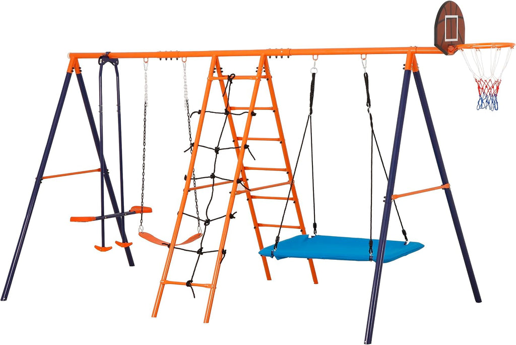 Nouva 6 in 1 Metal Swing Sets for Backyard - Heavy-Duty Kids Outdoor Combo w/2 Swings & Climbing Ladder & Nets & Seesaw & Basketball Hoop - Swing Stand Set for Playground, Playset