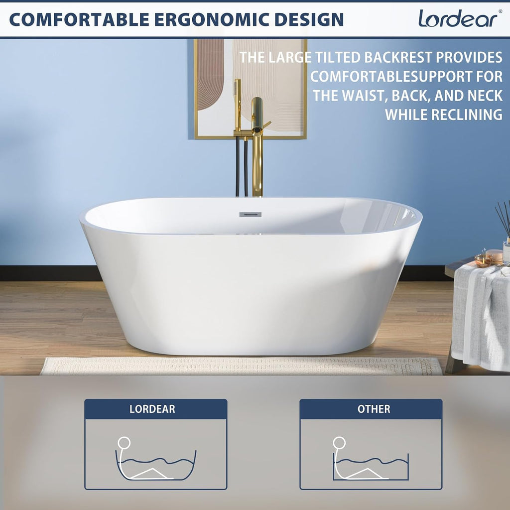 Lordear Freestanding Tub Soaking 59 Inch High Back Acrylic Stand Alone Bath Tub for Bathroom with Overflow and Drain #LTUB7109-59-C