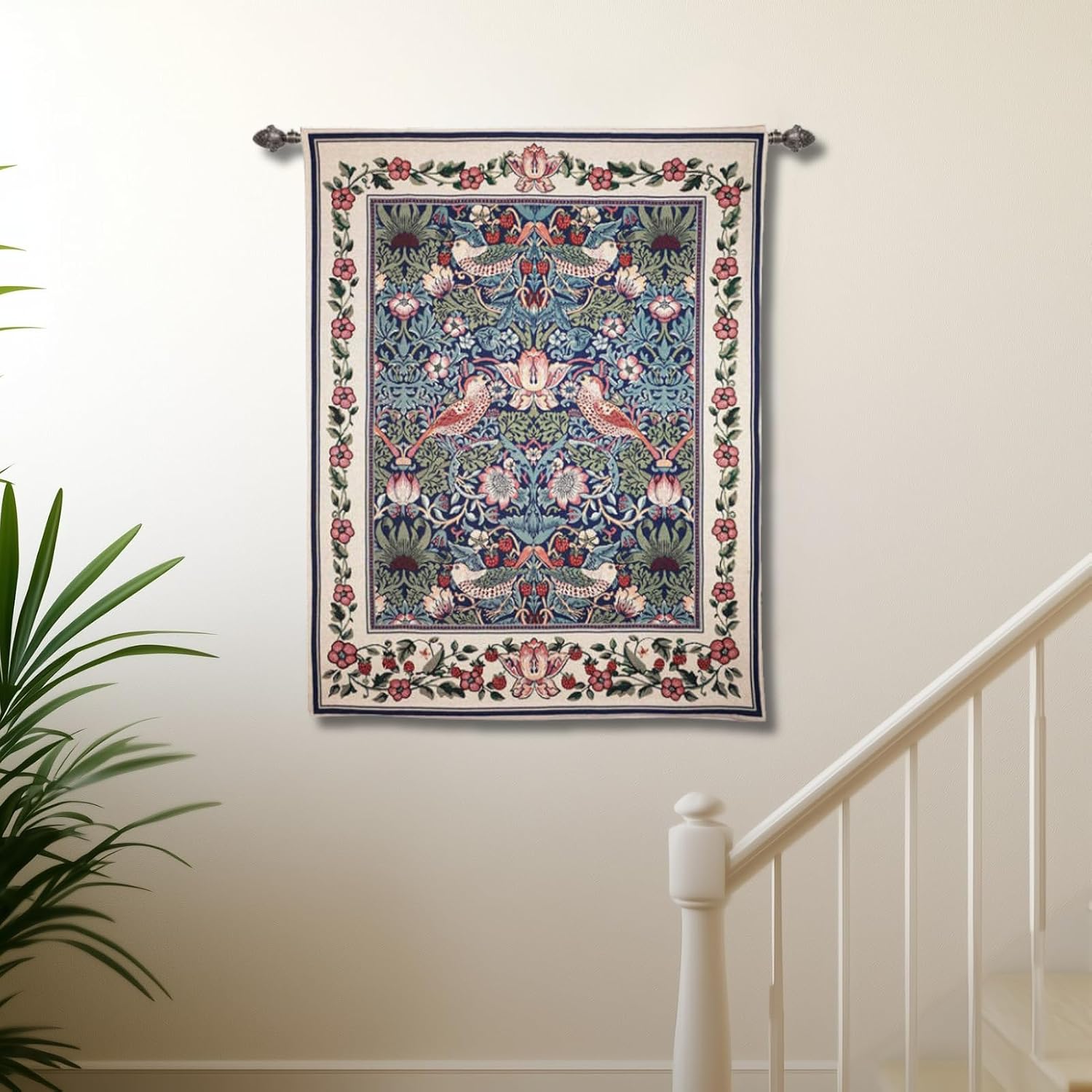 ORIMONY William Morris Strawberry Thief Tapestry - Vintage Floral Bird Art, Medieval Jacquard Woven Tapestry Wall Hanging for Living Room & Bedroom Size 27'x35' (Blue)