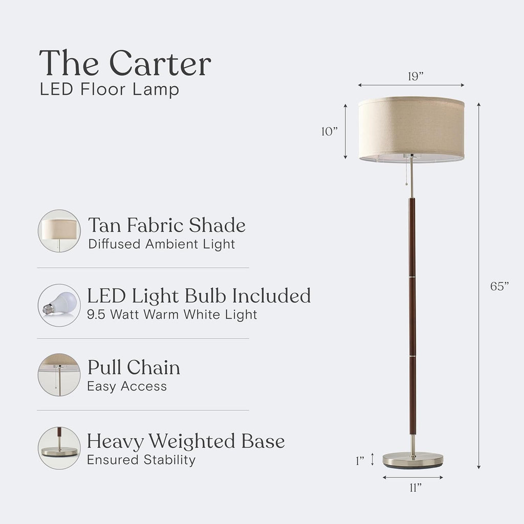 Brightech Carter LED Floor Lamp, Drum Shade with Walnut Wood Finish, Great Living Room Décor, Mid-Century Light for Living Rooms & Offices, Mid Century Modern Lamp for Bedroom