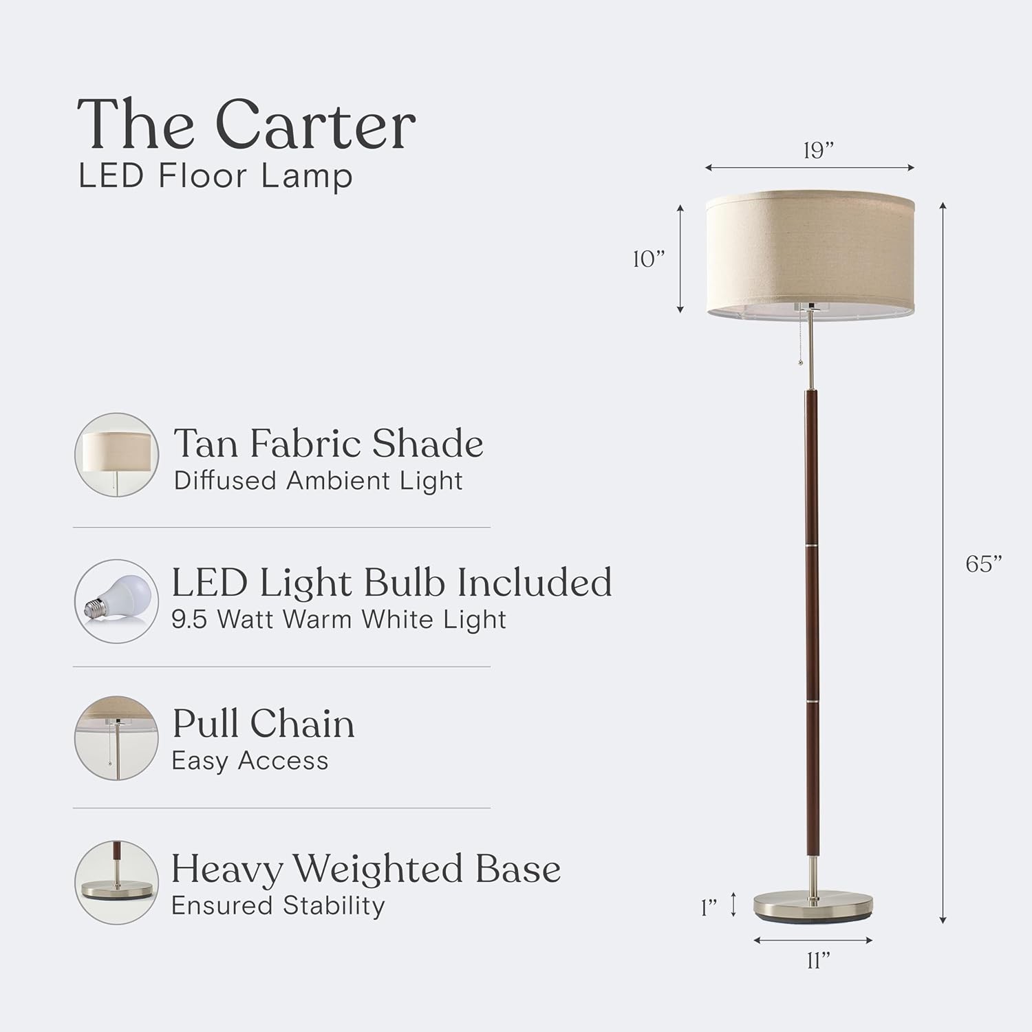 Brightech Carter LED Floor Lamp, Drum Shade with Walnut Wood Finish, Great Living Room Décor, Mid-Century Light for Living Rooms & Offices, Mid Century Modern Lamp for Bedroom