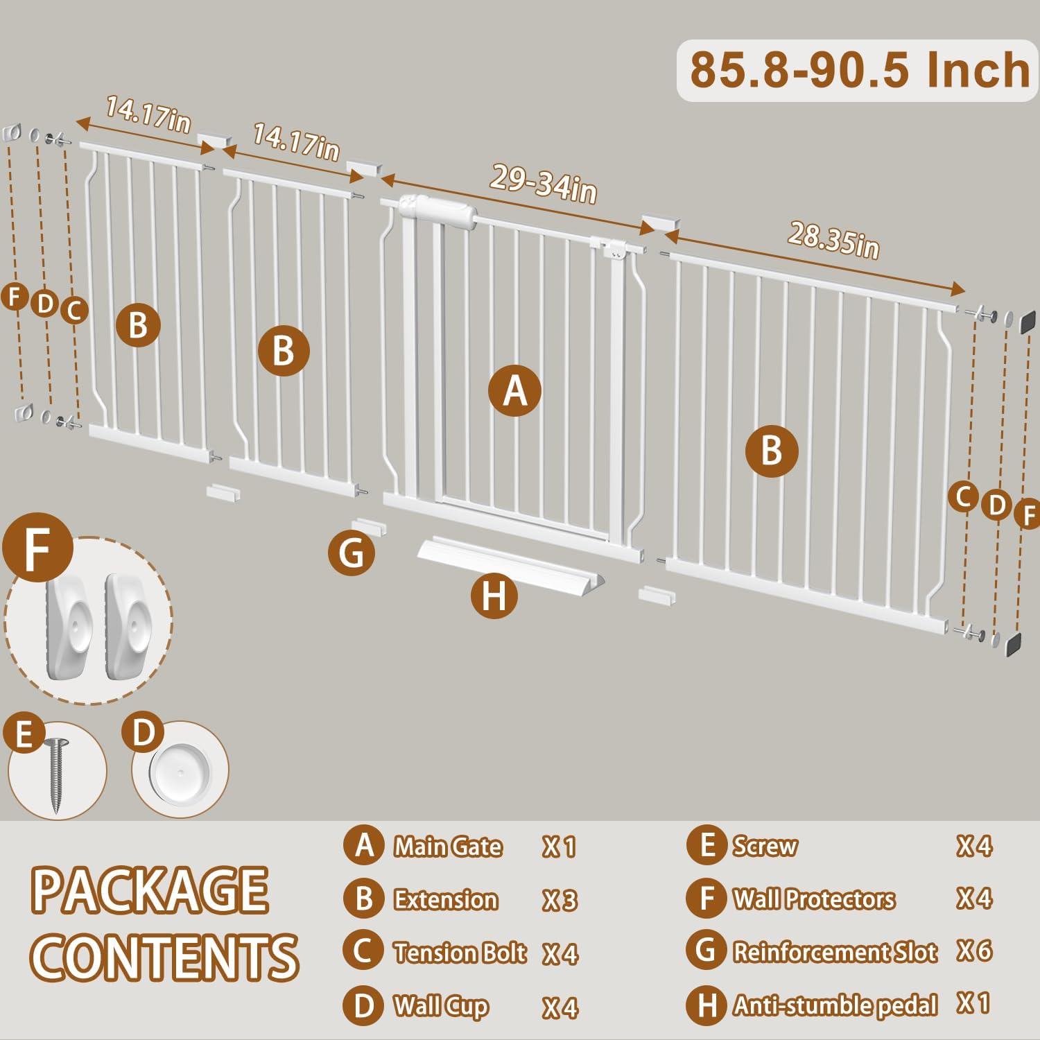 Baby Gate for Doorways Stairs Hallway 85.8-90.5 Inch Wide, Walk Through Child Gates with Pressure Mounted Extention Kit, Indoor Safety Child Gates for Kids or Pets