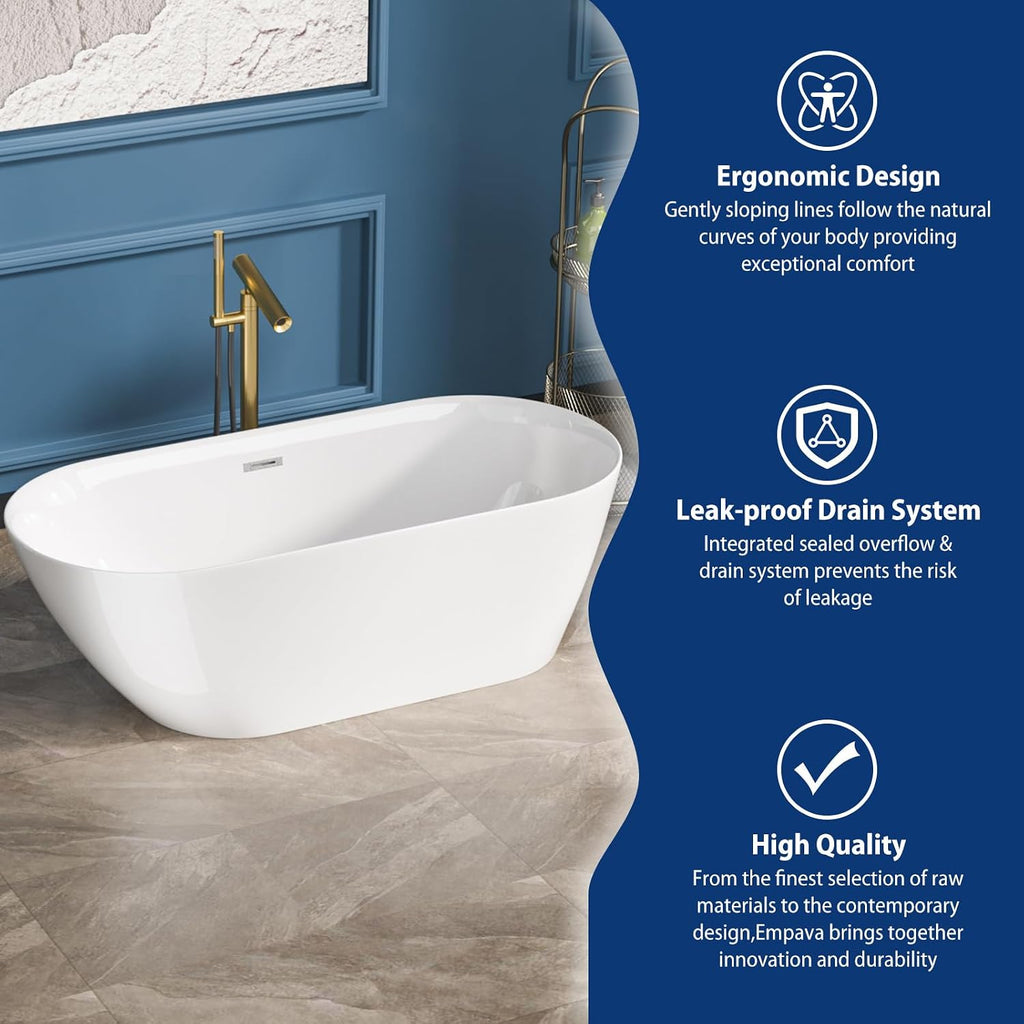 Sarlai 67 Inch Acrylic Freestanding Soaking Bathtub Contemporary Soaking White Tub Stand Alone Ergonomic Bathtub with Chrome Drain and Overflow