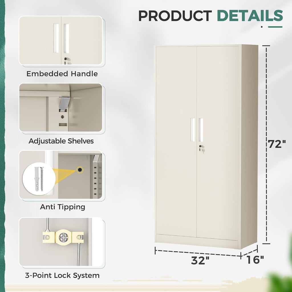 Greenvelly Metal Garage Storage Cabinet, 72' Locking Steel Garage Cabinet with 2 Doors and 4 Shelves, Tool Cabinets, Metal File Cabinet for Home Office, Basement, Classroom, Grey(32' ×16')