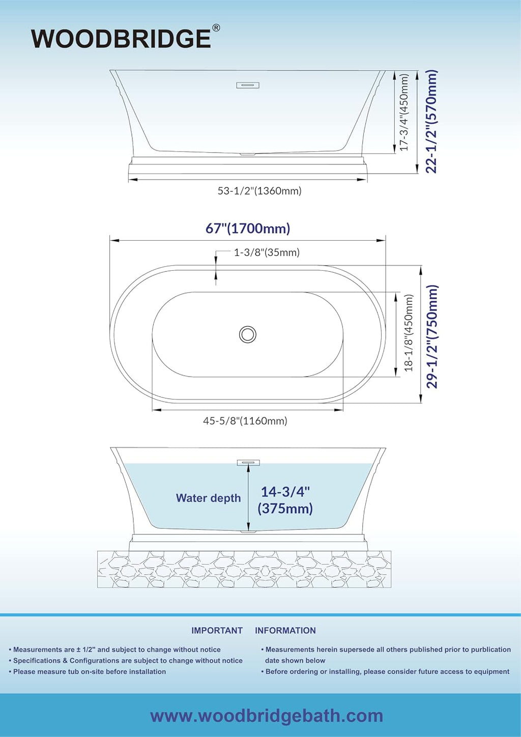 WOODBRIDGE 67'Freestanding White Acylic Soaking Bathtub with Chrome Drain and Overflow,BTA1537-C