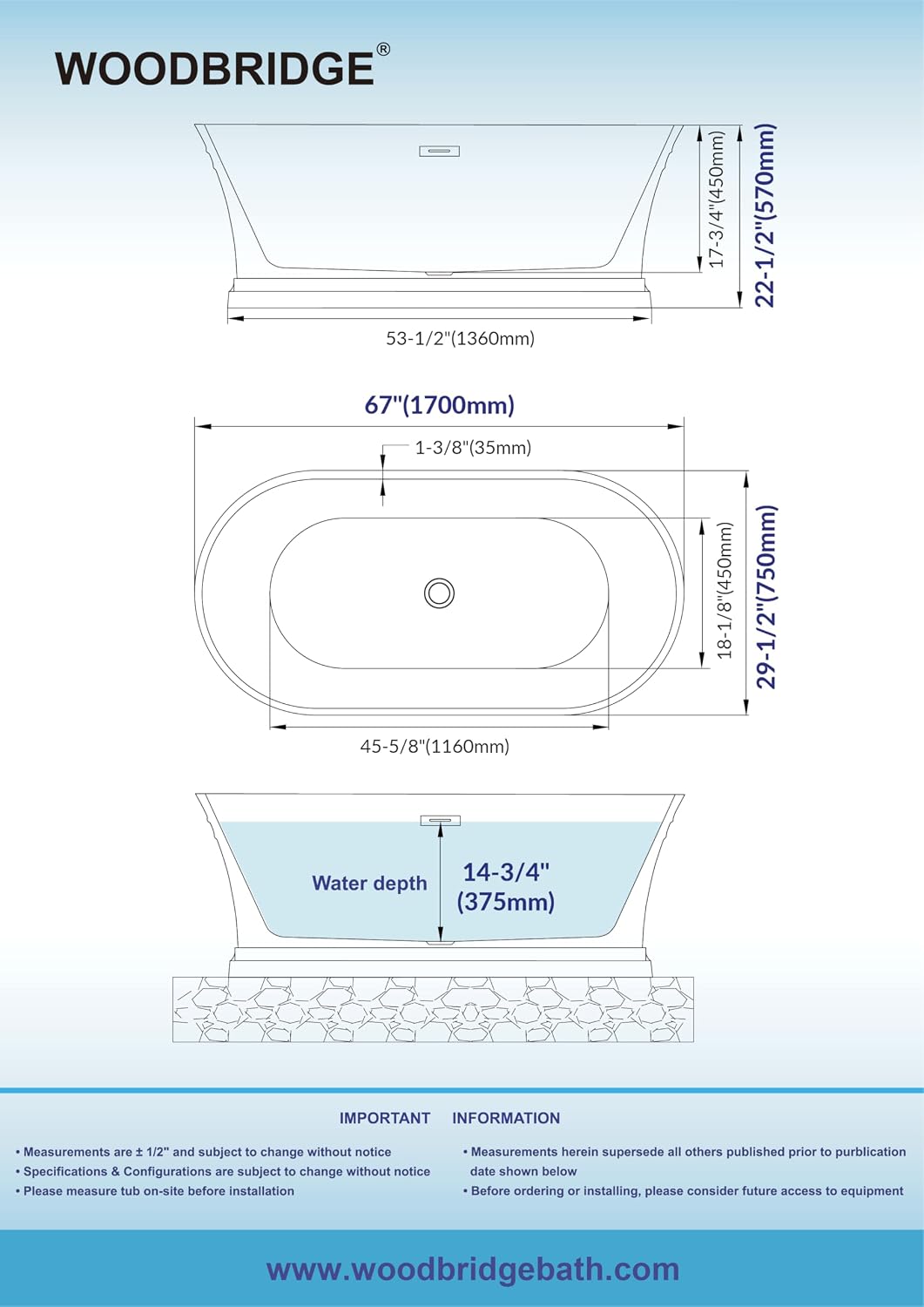WOODBRIDGE 67'Freestanding White Acylic Soaking Bathtub with Chrome Drain and Overflow,BTA1537-C