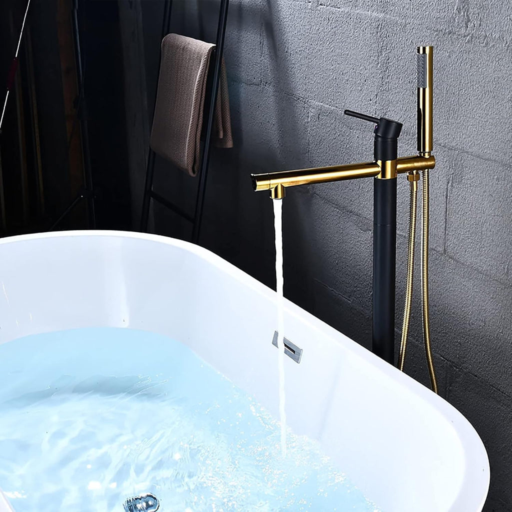Freestanding Bathtub Faucet with Handheld Shower - Floor Mounted Tub Tap, 59-Inch Shower Hose, Stylish White Gold Finish