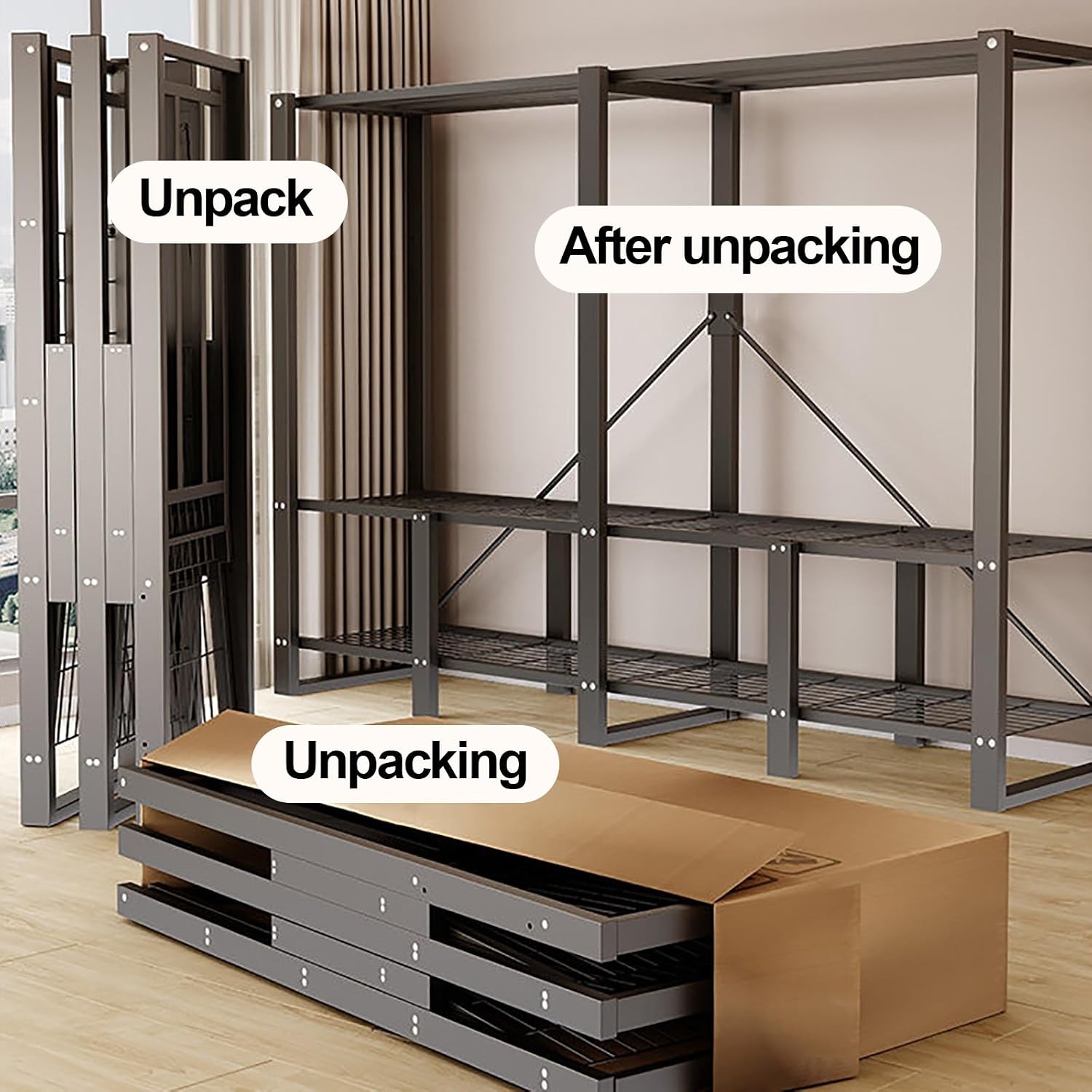 Metal Closets Rack, Foldable Wardrobe Closet With Hanging Rods, Heavy Duty Clothes Rack, Freestanding Coat Storage, Clothing Garment Rack(F,130cm/51.2in)