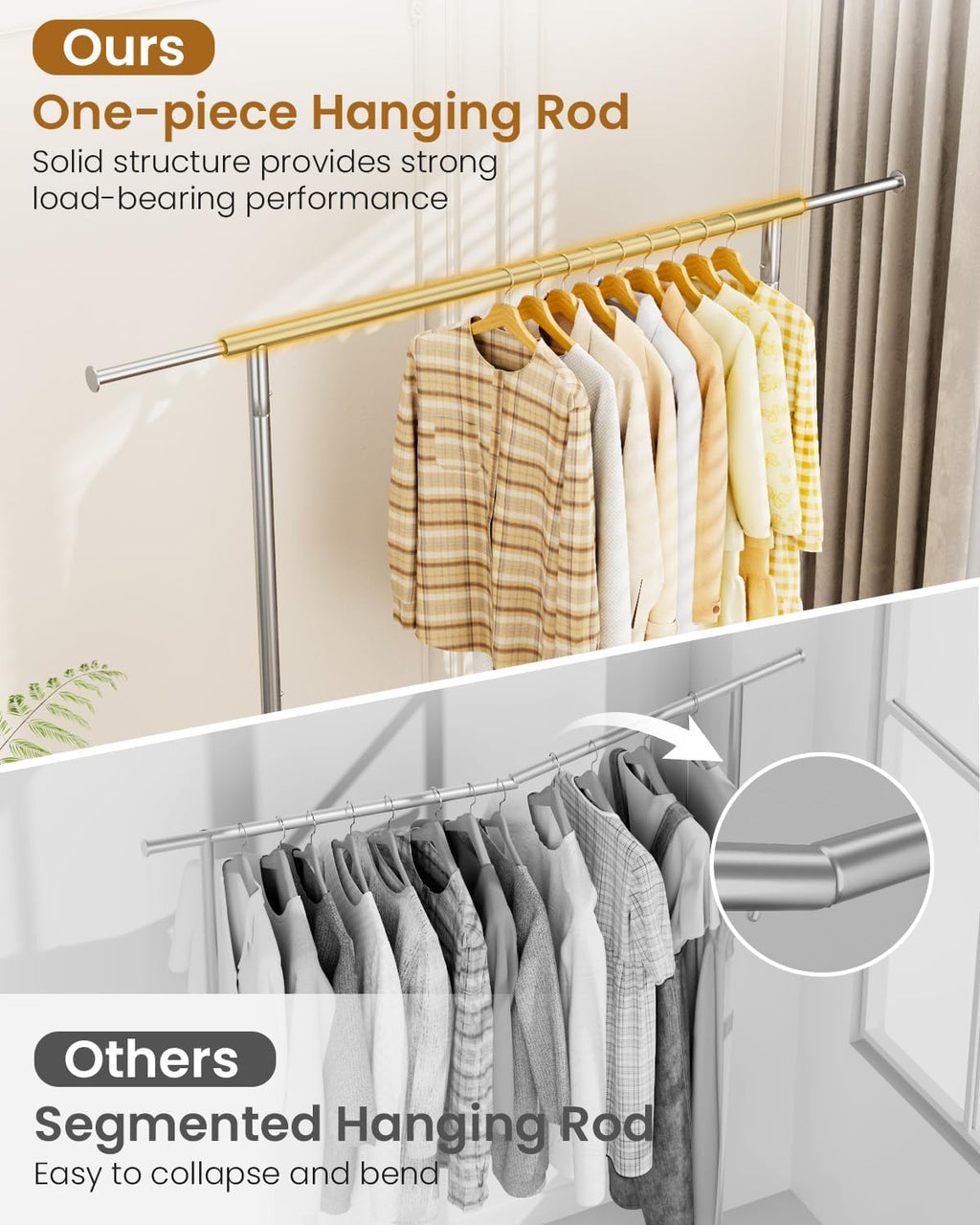 Heavy Duty Clothes Rack, Metal Clothing Rack Load 450 LBS, Rolling Coat Racks for Hanging Clothes with Lockable Wheels, Silver+Gold