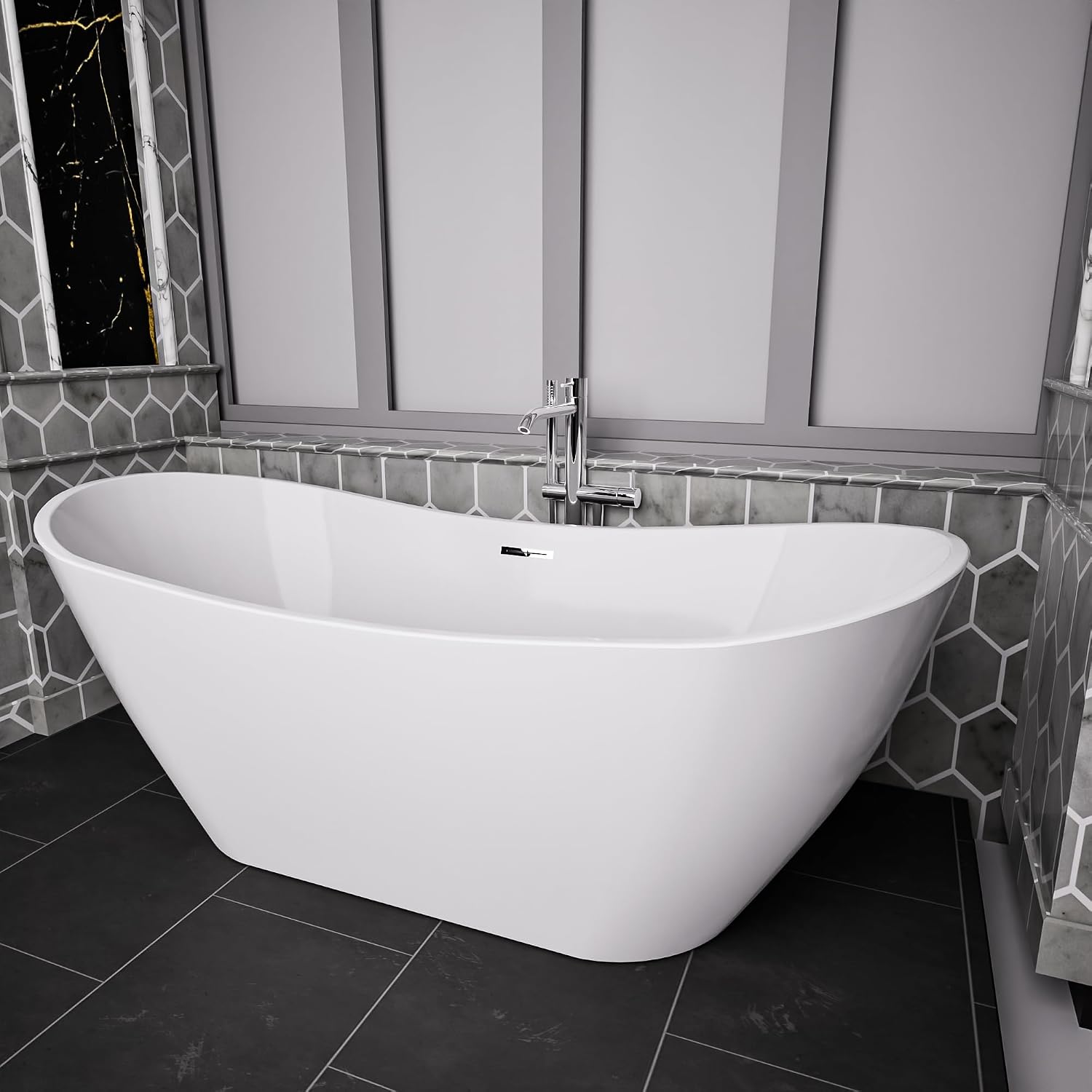 BuildMyplace Sky 67' Acrylic Freestanding Contemporary Soaking Bathtub with Glossy White Finish, Oval Shape, Chrome Plated Drain Cover & Pop Up-Overflow Hole