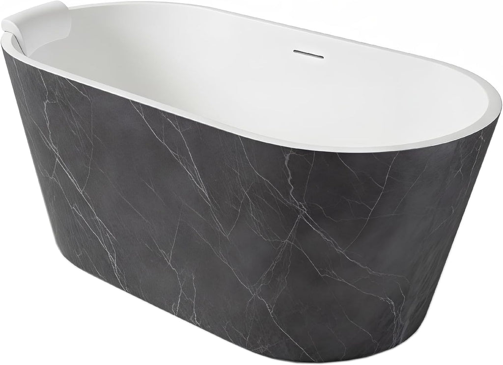 Transolid Finley 59 in. x 28.75 in. Freestanding Soaking Acrylic Bathtub with Center Drain in Gloss Two-Tone Marble Grey and White with Pillow K-AFTF5929-G31M40