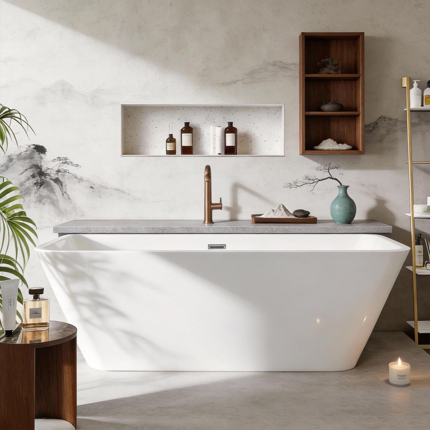59' Freestanding Acrylic Soaking Tub,Large Freestanding Bathtub with Non-Slip Surface, Overflow and Drain Included, Freestanding Bathtub with Chrome Drain, Deep Stand-Alone Tub for Relaxing Home Spa