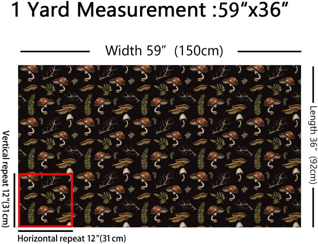 Mushroom Fabric by The Yard Watercolor Plant Rustic Style Indoor Fabric Soft Flannel Polyester No Stretch and Home DIY Projects Branch Weed Black Outdoor Fabric for Clothing Quilting Sewing,10 Yards
