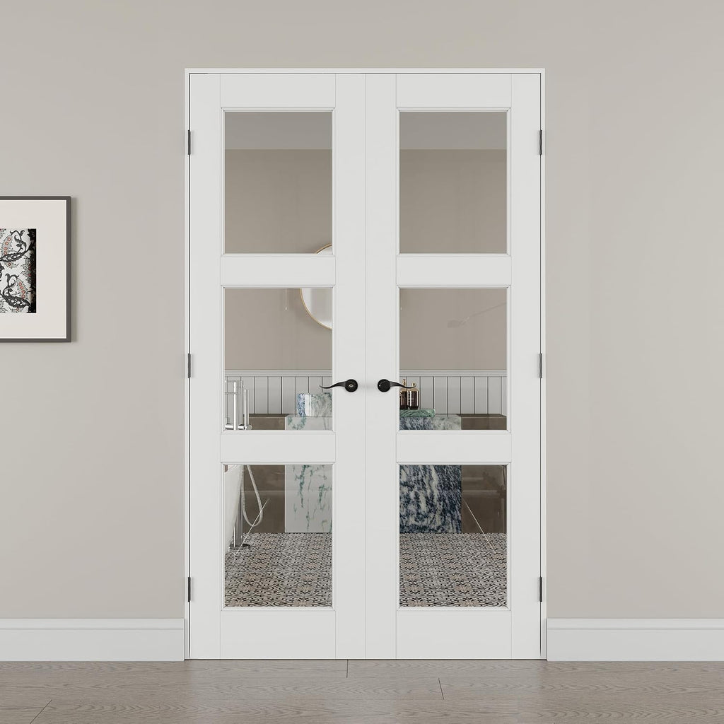 48' x 80' French Doors Interior (Double 24' x 80' 3-Lite Clear Glass Door with Black Hinge Prehung Jamb Kit), Pre-Finished & Paintable, Prebuilt Home Door Panels & Assembly Required Jamb