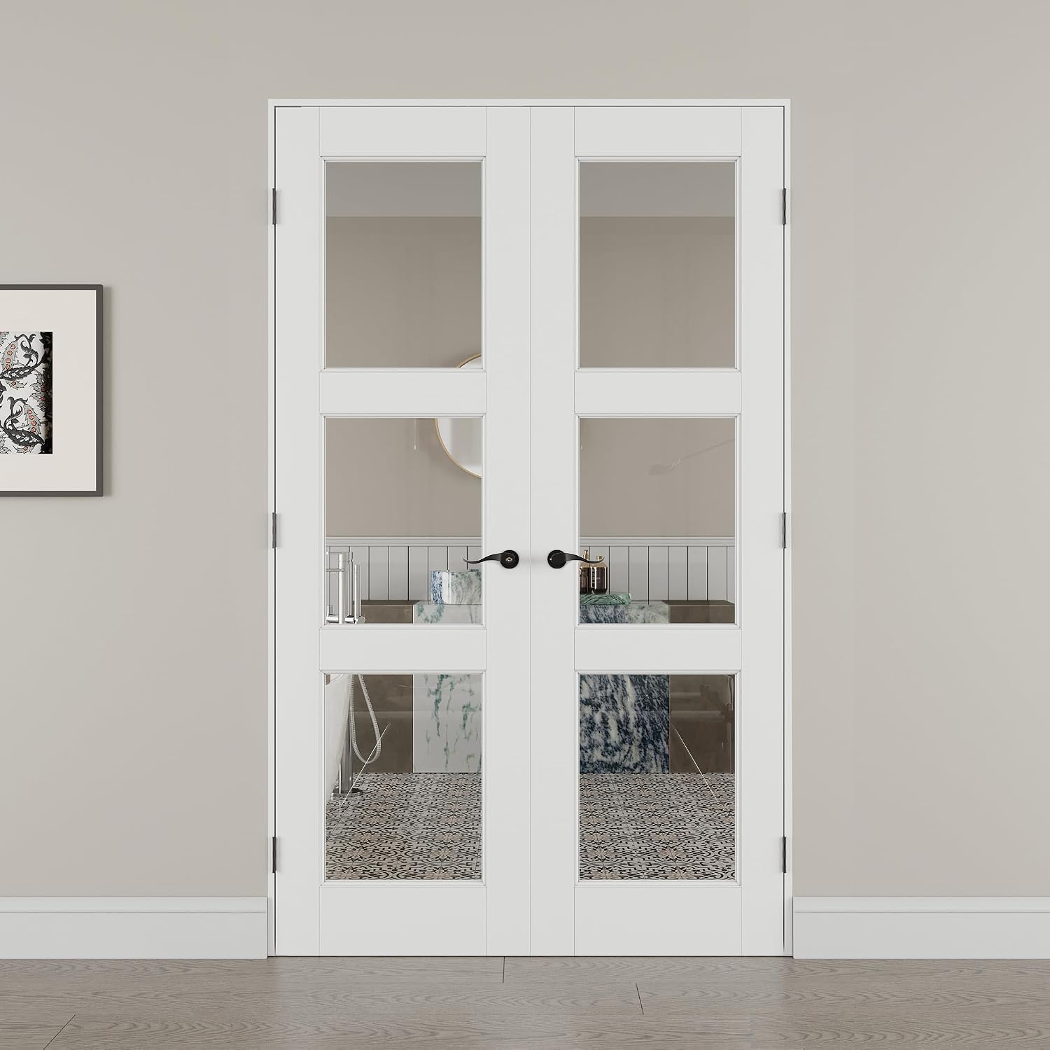 48' x 80' French Doors Interior (Double 24' x 80' 3-Lite Clear Glass Door with Black Hinge Prehung Jamb Kit), Pre-Finished & Paintable, Prebuilt Home Door Panels & Assembly Required Jamb