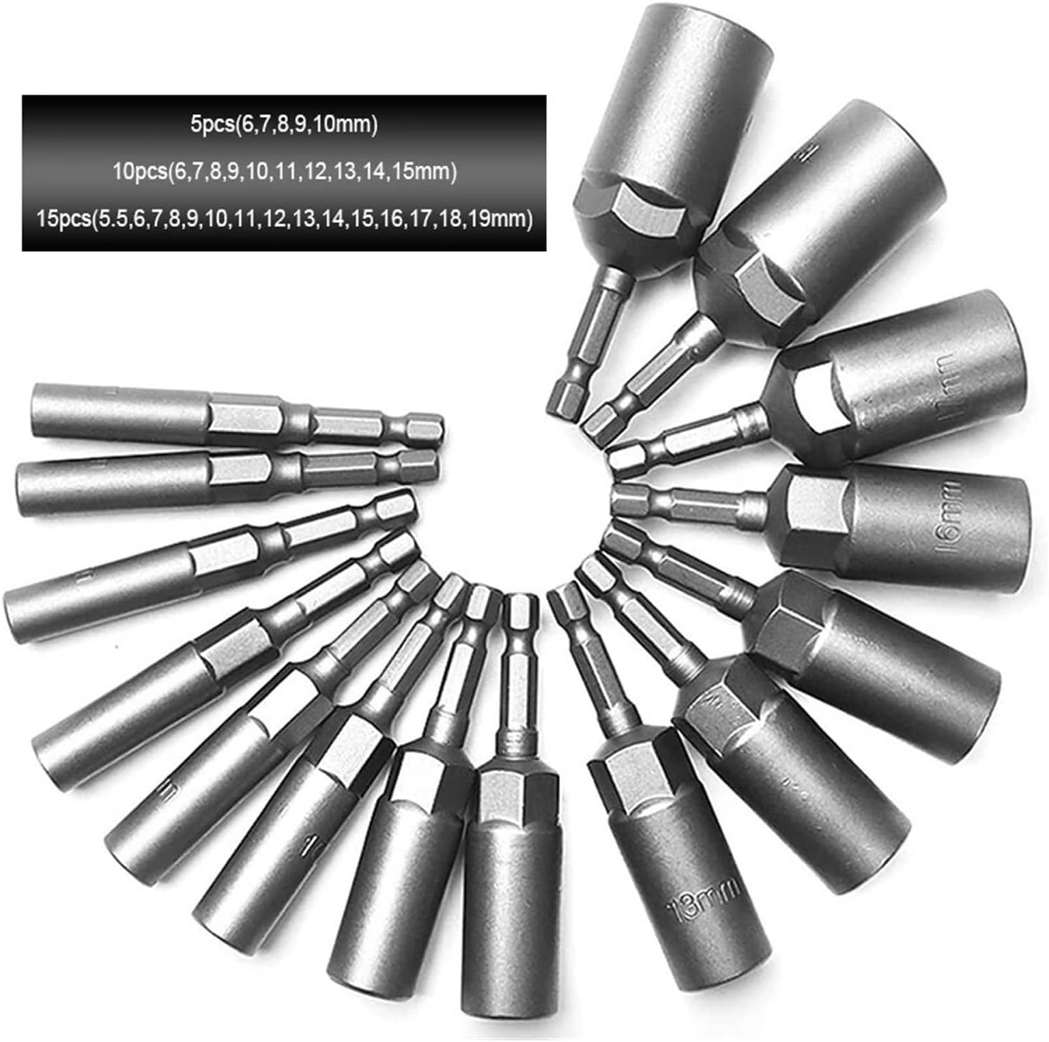 15Pcs 80mm Length Deepen Power Nut Driver Drill Bit Set 5.5-19MM Impact Socket Adapter for Tools 6.35MM Hex Shank
