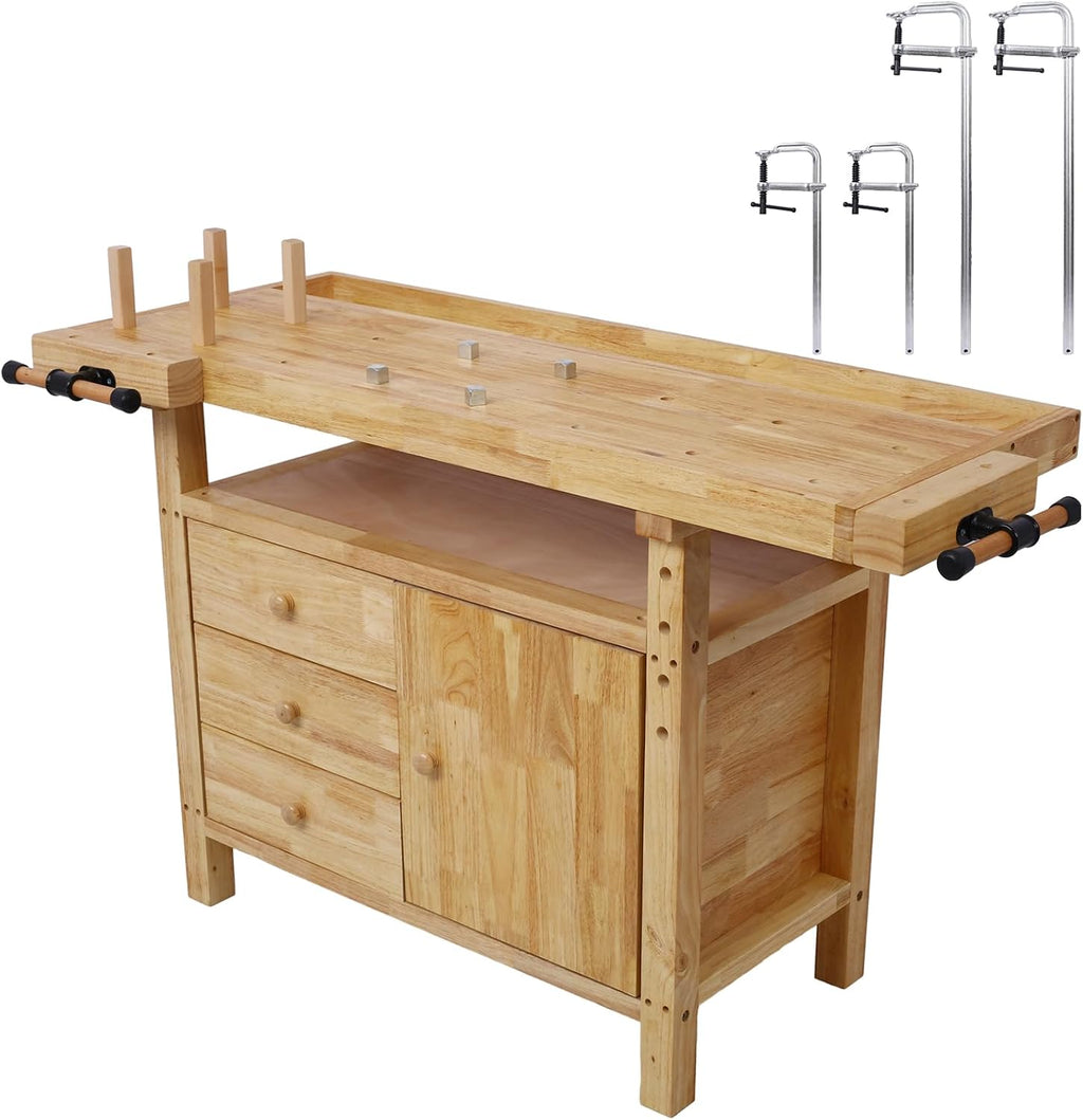 Gecheer Wooden Workbench for Garage and Workshop – Rubberwood Table with 3 Drawers, 1 Cabinet, Bar Clamps Set (2x12 + 2x24), 55'x24.4'x33.1'