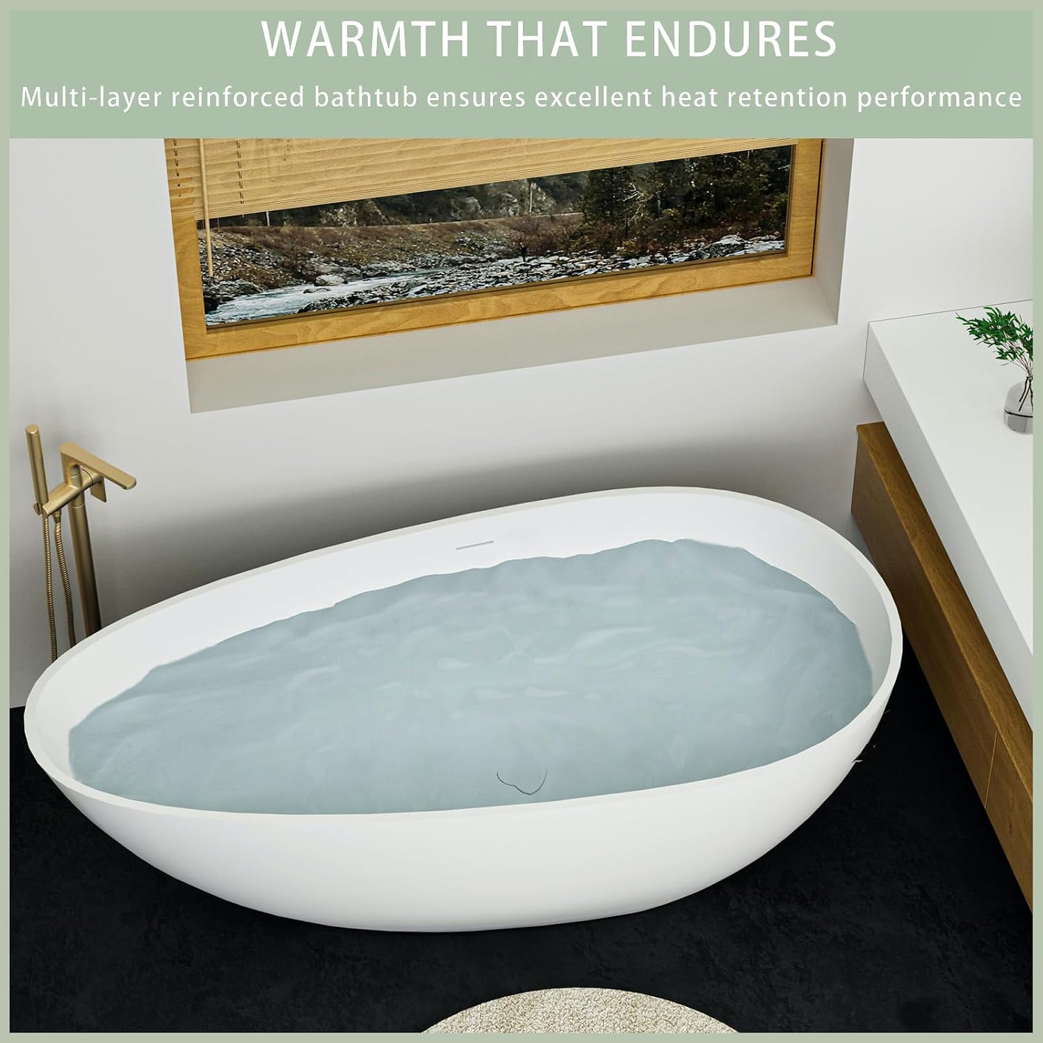 59' Solid Surface Bathtub Modern Glossy White Stone Resin Stand Alone Soaking Tub Luxury Handcrafted Oval Bath Tub with Overflow and Pop-Up Drain for Bathing