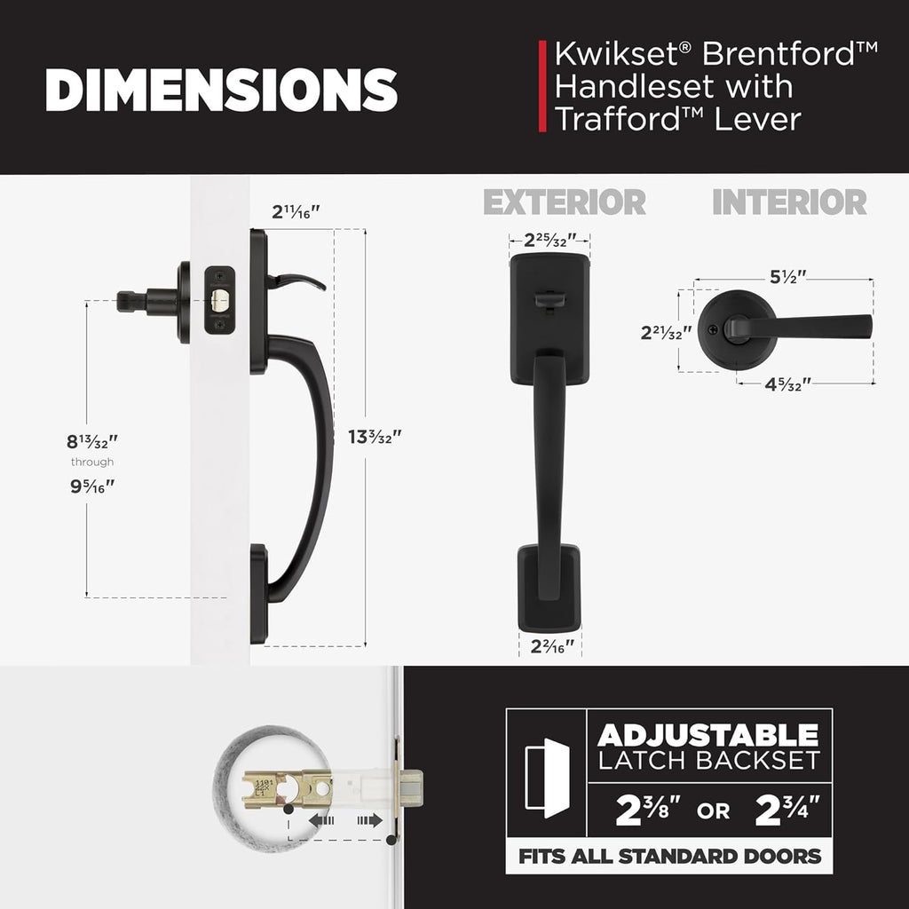 Kwikset Brentford Front Door Handle No Lock, Entry Handleset Exterior with Trafford Interior Reversible Lever, Non-Locking, Matte Black, Deadbolt Not Included