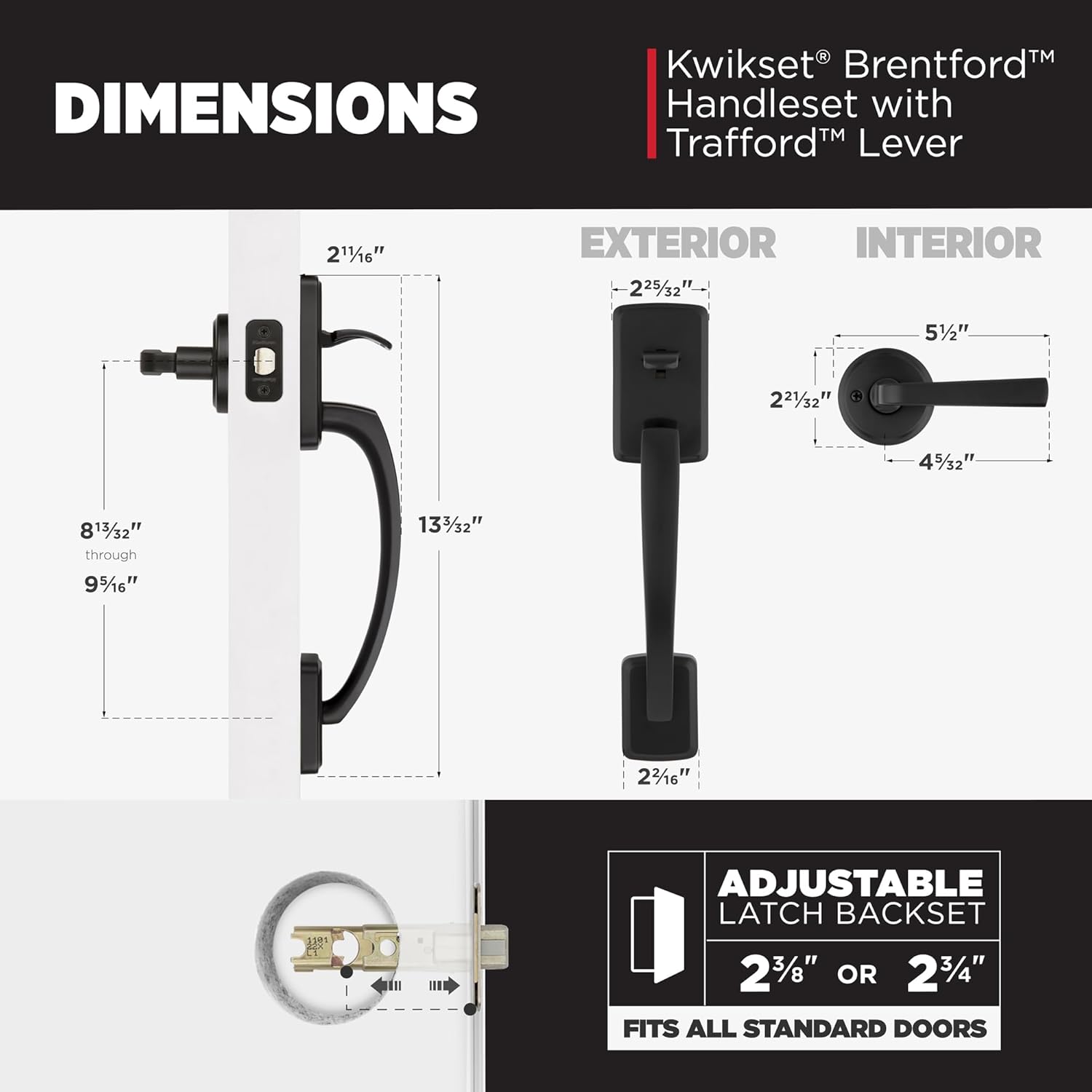 Kwikset Brentford Front Door Handle No Lock, Entry Handleset Exterior with Trafford Interior Reversible Lever, Non-Locking, Matte Black, Deadbolt Not Included