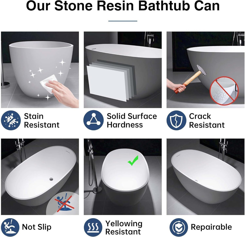 51' Freestanding Solid Surface Bathtub,Elegant Oval Design with Chrome Drain Luxurious Soaking Tub for Bathrooms, Stone Resin Freestanding Bathtub for Comfort,Matt White