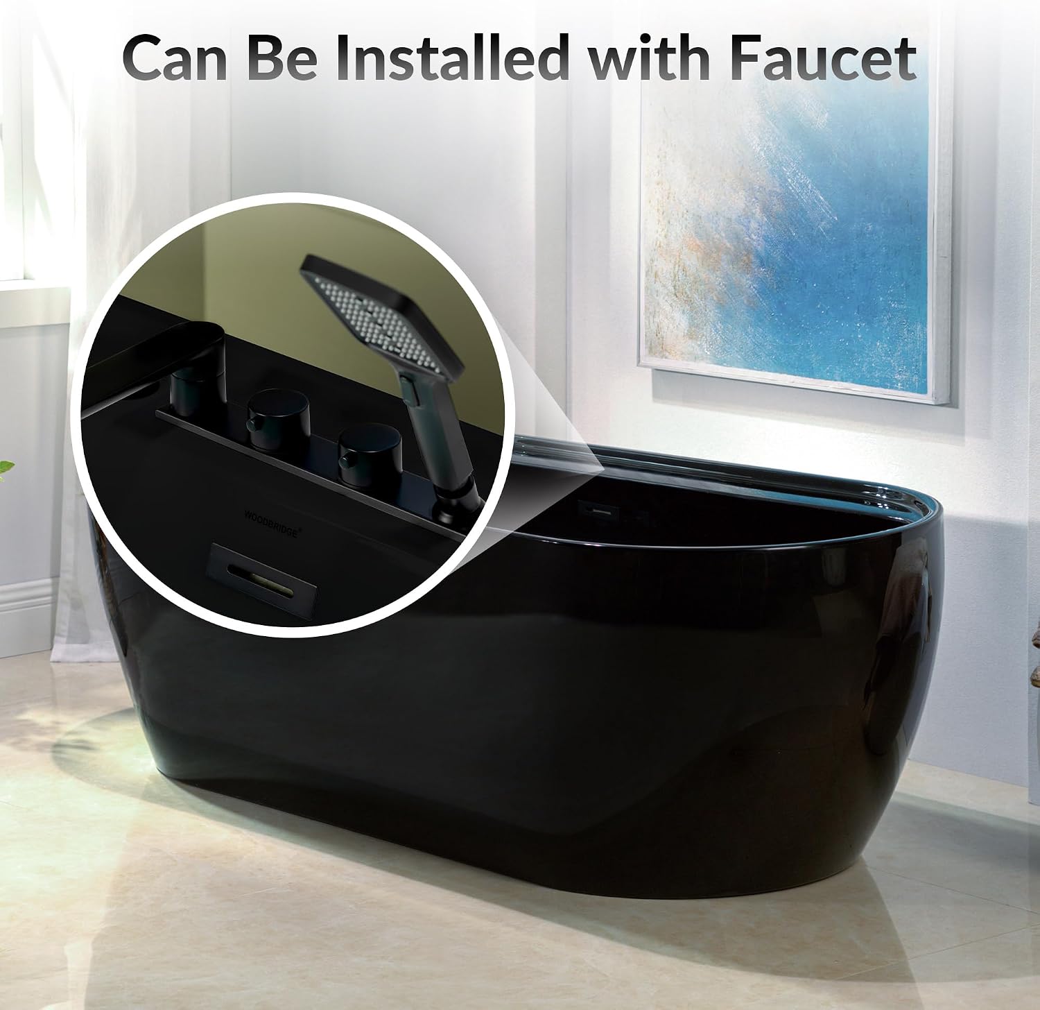 WOODBRIDGE 72' L x 35-3/8' W Freestanding Contemporary Acrylic Soaking Bathtub in Glossy Black Inside and Outside with Matte Black Drain & Overflow,B8859-MB