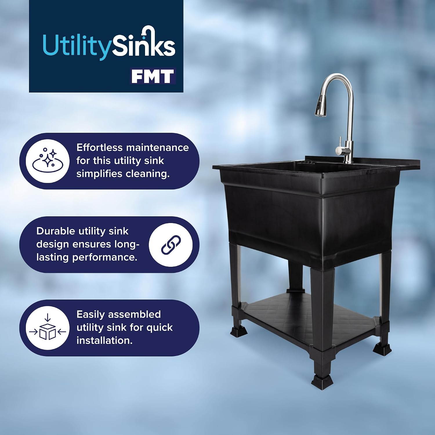 UTILITYSINKS Freestanding Utility Tub Sink w/Drain Plug & Floor Levelers, 30 x 24', Black - Portable and Compact Sink with Faucet for Outdoor Kitchen, Laundry Room, Garage, and Basement