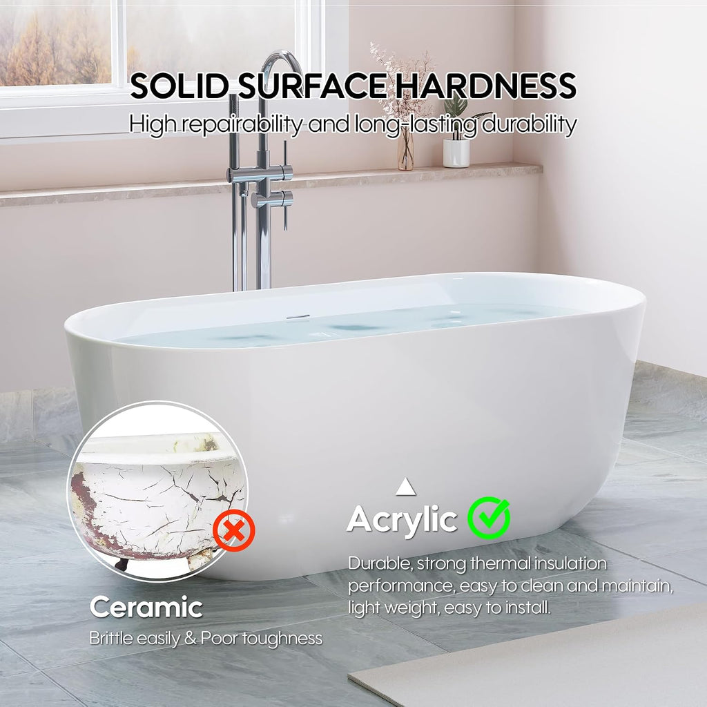 WELLFOR 60-Inch Freestanding Acrylic Bathtub with Chrome Bathtub Drain and Integrated Slotted Overflow, Freestanding Glossy White Soaking Bathtub, Acrylic Soaking Tub (Glossy White)