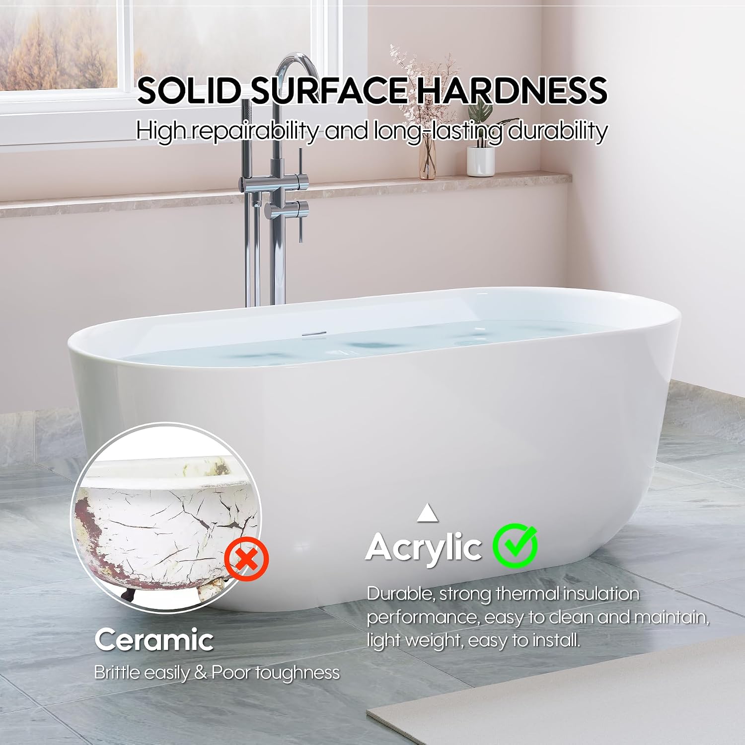 WELLFOR 60-Inch Freestanding Acrylic Bathtub with Chrome Bathtub Drain and Integrated Slotted Overflow, Freestanding Glossy White Soaking Bathtub, Acrylic Soaking Tub (Glossy White)