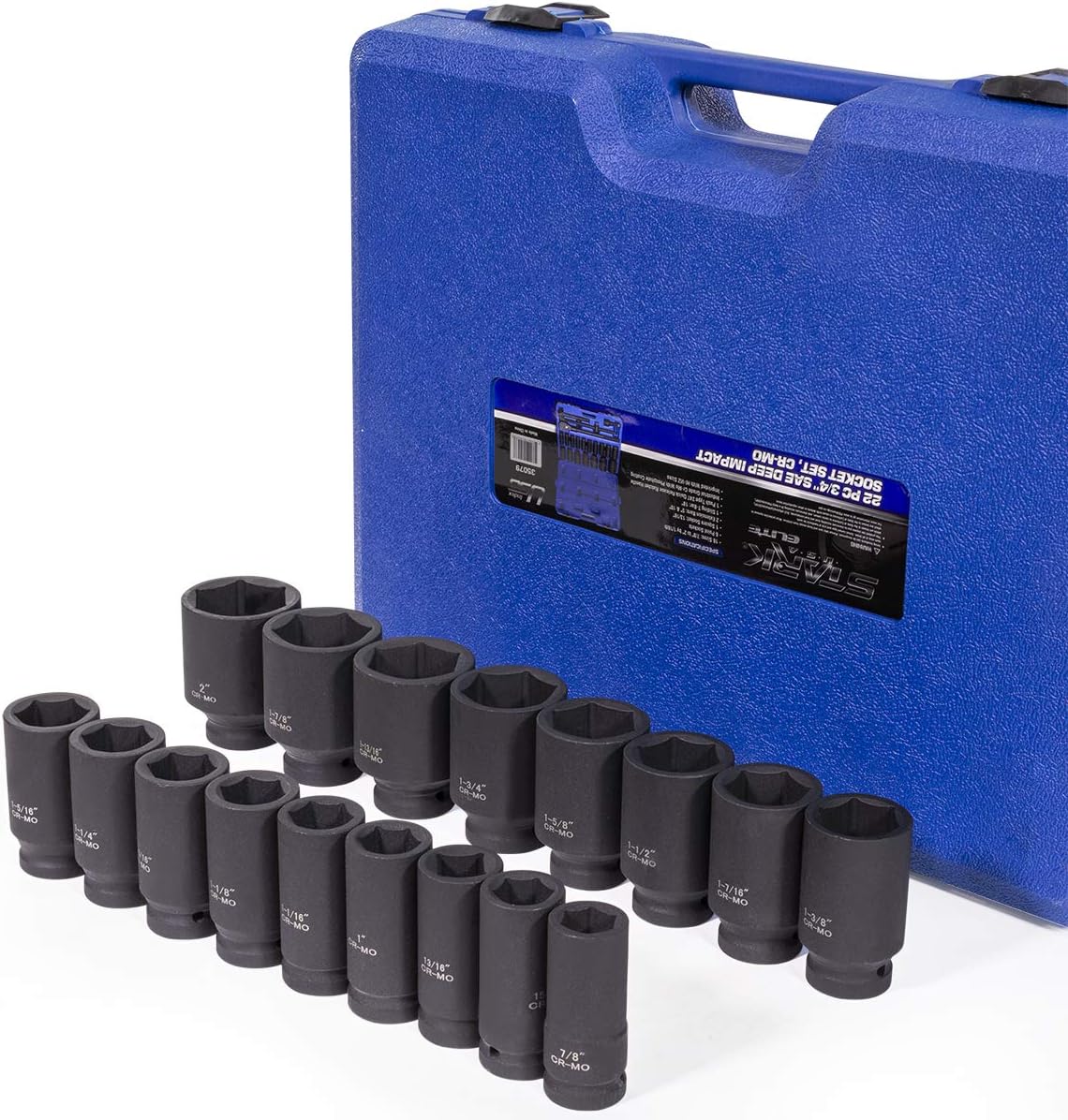 Stark USA 22-Pieces 3/4 Inch Drive Deep Impact Socket Set Cr-Mo Steel SAE Socket Extension Bar Sliding T-Bar (7/8' to 2' inch) with Carrying Case