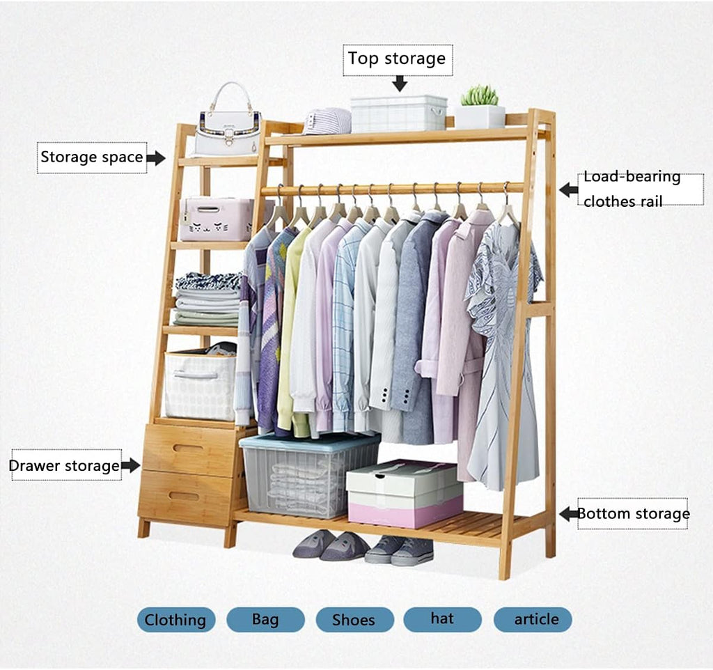 Garment Rack Wooden Clothing Rack with Drawer Shelves Heavy Duty Clothes Hanging Rails Wood Garment Rack Clothes Hanger Rack Open Wardrobe Closet Coat Stands Multifunctio,110x40x140cm