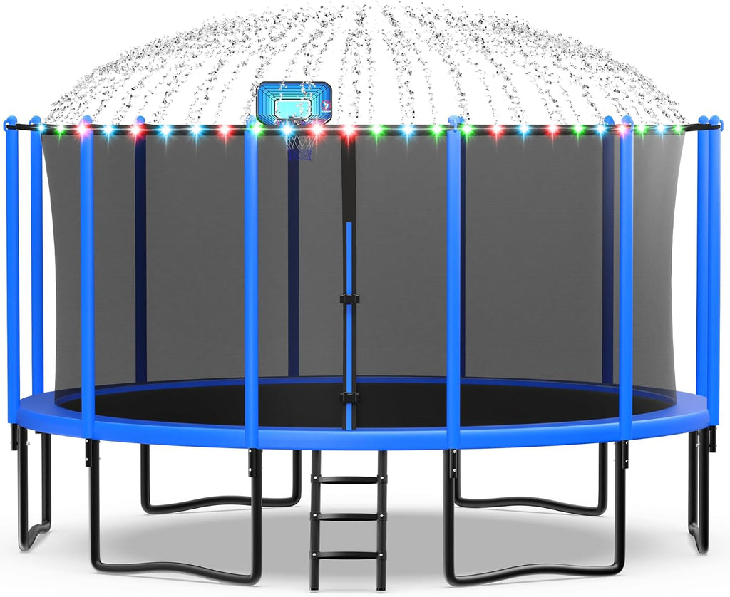 Exal Trampoline Outdoor with Basketball Hoop and Enclosure Net, 1500LBS Backyard Heavy Duty Trampoline ASTM CPC Certified Kids Trampoline, Light, Sprinkler, Socks, No-Gap Pad, Wind Stakes Included