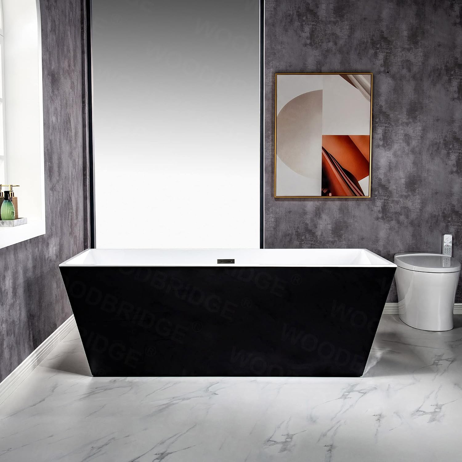 WOODBRIDGE 67' Acrylic Freestanding Bathtub Contemporary Soaking Black Tub with Matte Black Overflow and Drain，BTA1812-MB