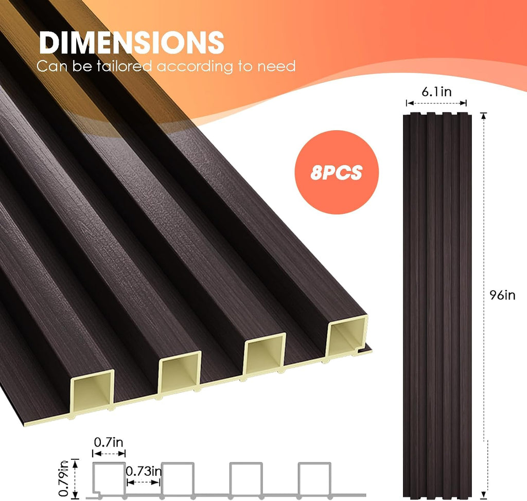 OUZUGIE WPC Acoustic Slat Wall Paneling, 8-Pack 96 x 6 Inches 3D Wall Panels for Interior Wall Decor,Living Room,TV Background,Study Room,Office Spaces,Bedroom,High Grille (Walnut)