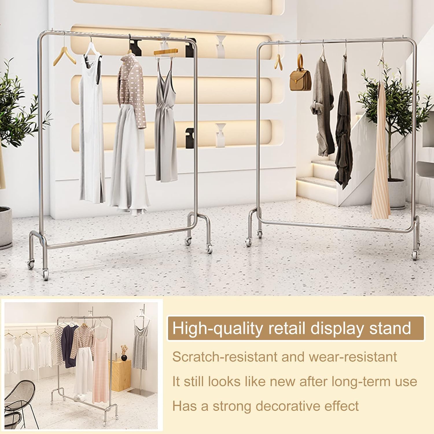Clothing Rack Rolling Display Garment Rack, Retail Garment Hanging Bar Clothing Storage Shelving Unit, Modern High-Grade Stainless Steel Organizer Wardrobe (One Color-80x40x150CM