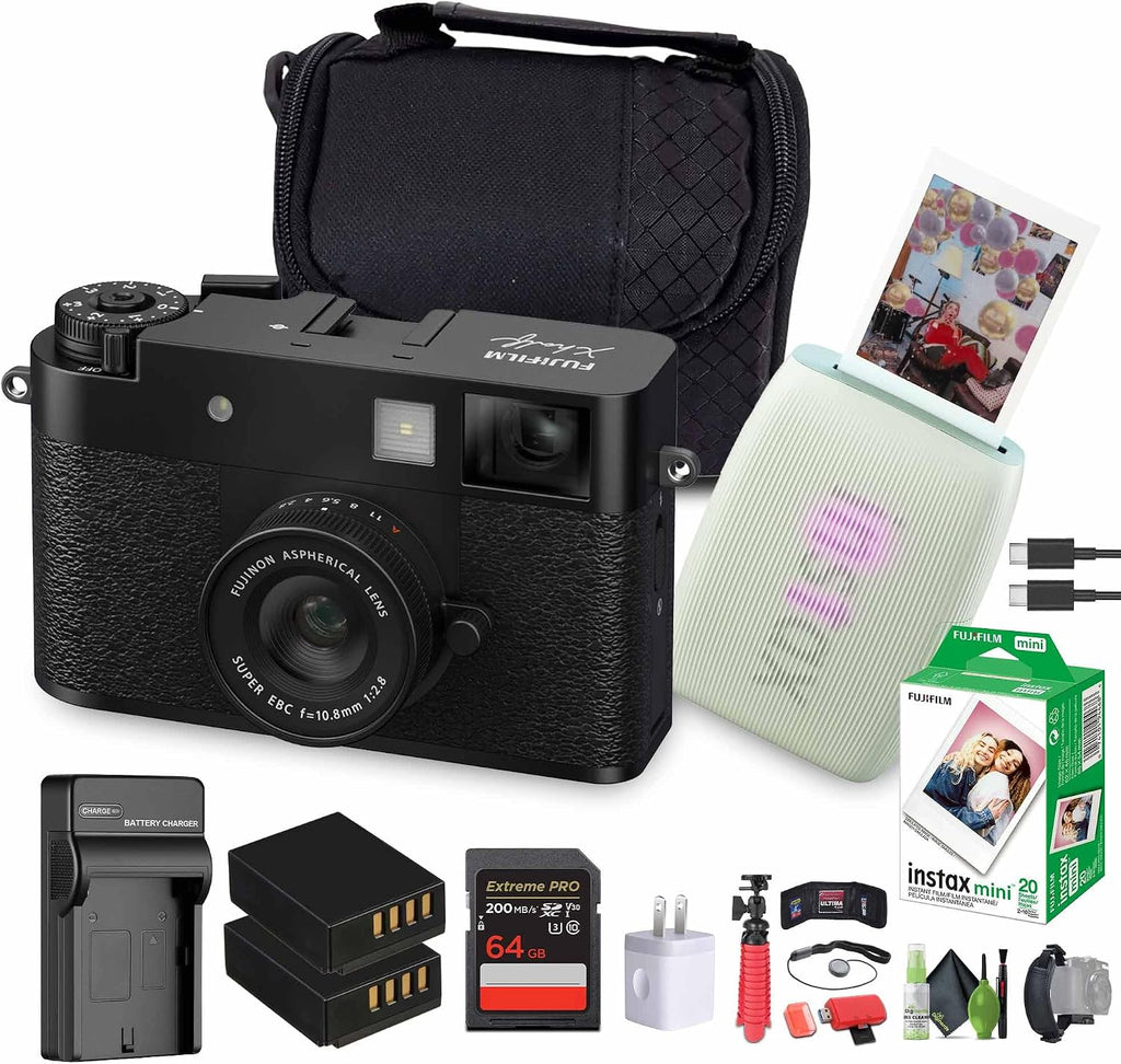FUJIFILM X Half Premium Compact Digital Camera (Black) Bundle with Fuji INSTAX MINI Link 3 Smartphone Printer (Sage Green) + Instax Mini Film + Extra Battery + Charger + 64GB Memory Card + More