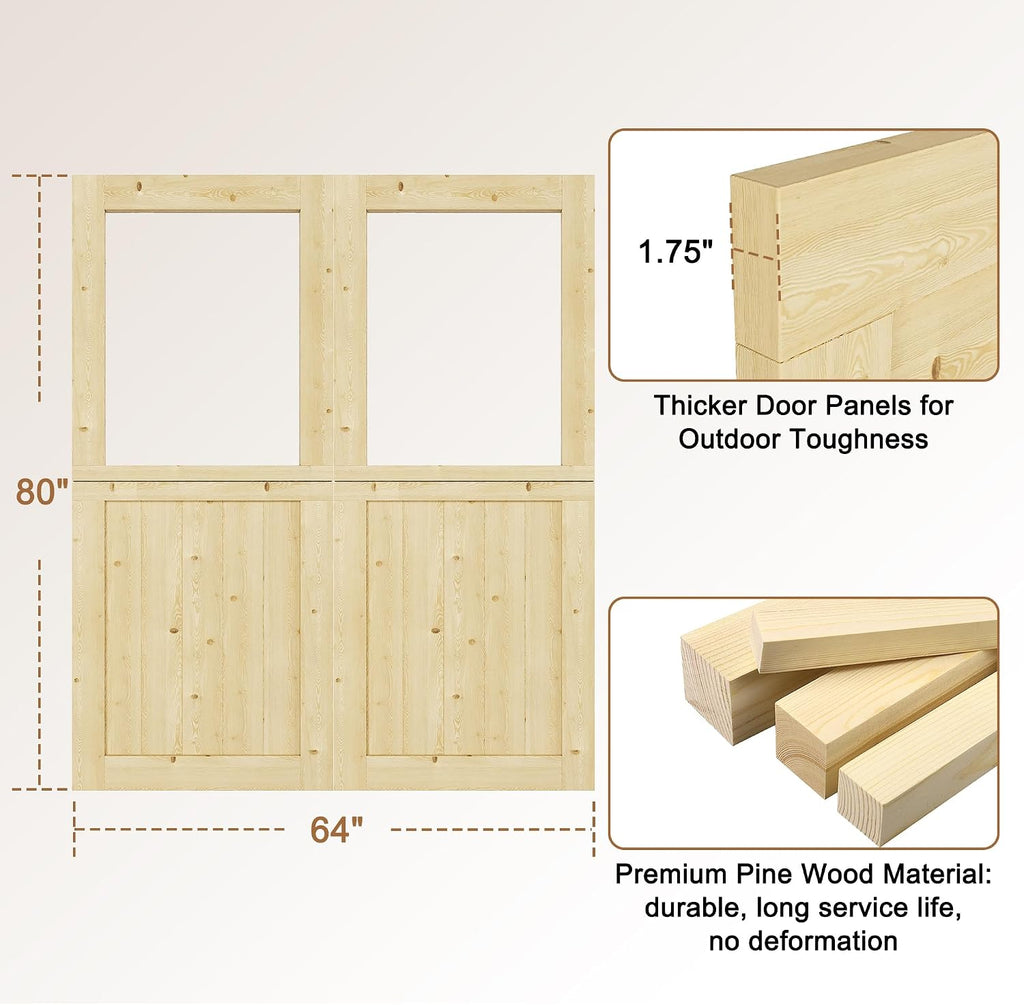 Exterior Dutch Door Slab, 64' x 80', Universal 1 Lite Panel Split Single Doors, Solid Core Home Door, Natural Pine Wood - with 8 Black Hinges & 2 Latch, Without Jamb