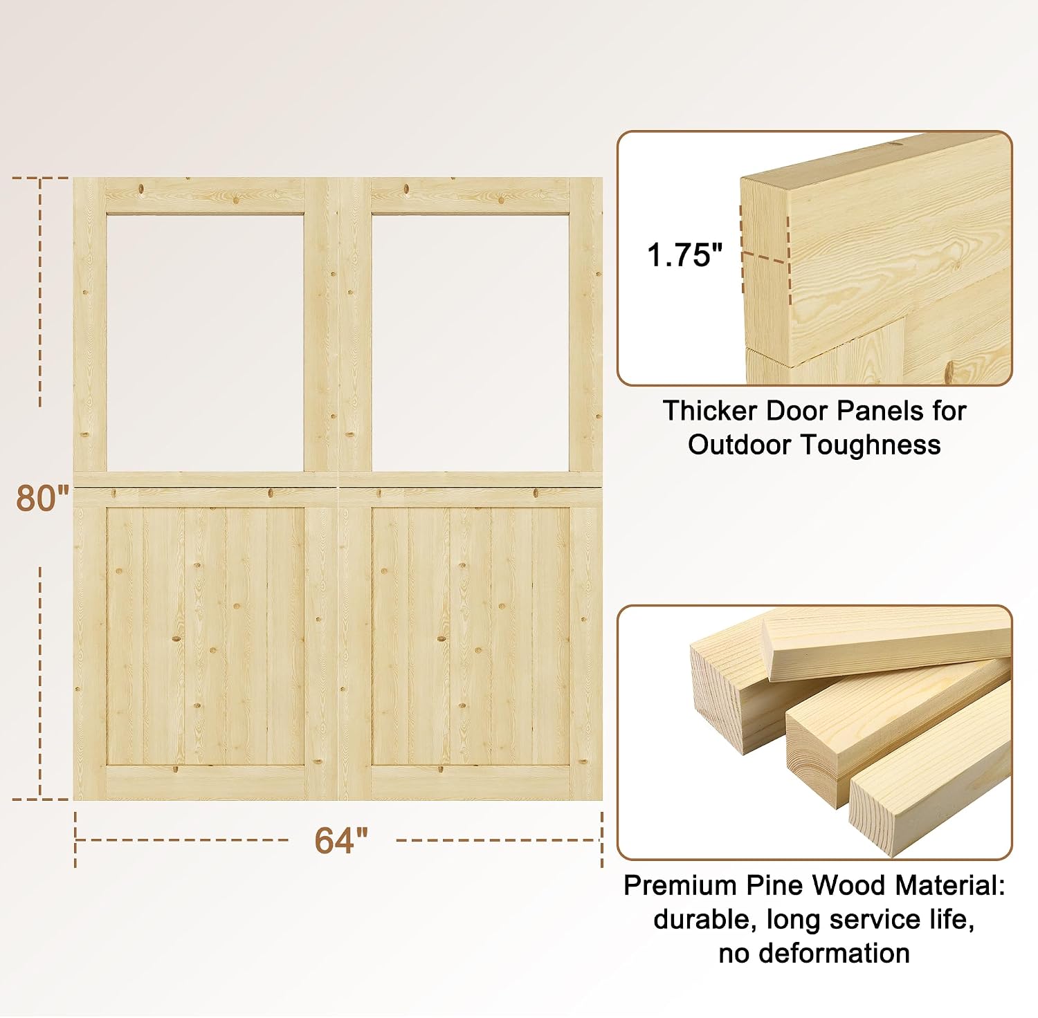 Exterior Dutch Door Slab, 64' x 80', Universal 1 Lite Panel Split Single Doors, Solid Core Home Door, Natural Pine Wood - with 8 Black Hinges & 2 Latch, Without Jamb