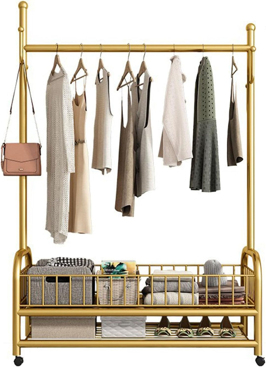Rolling Garment Rack, Portable Closet Wardrobe with Storage Basket and 4 Hooks Clothing Rack Freestanding Closet Metal Clothing Rack for Bedroom Living Room Office Mudroom