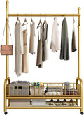 Rolling Garment Rack, Portable Closet Wardrobe with Storage Basket and 4 Hooks Clothing Rack Freestanding Closet Metal Clothing Rack for Bedroom Living Room Office Mudroom