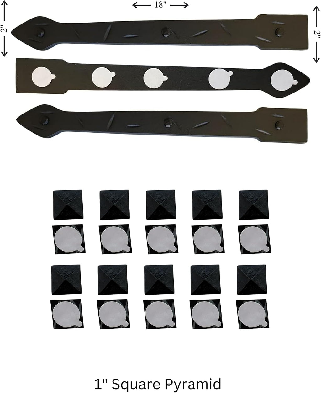 The Rustic Express - Self Adhesive 3 Iron Straps 18' & 20 Square Pyramid Clavos 1' - Decorative Hinges & Clavos for Farm, Fiberglass, Metal, Wooden Gate Hinge and Garage Door Hardware - Black