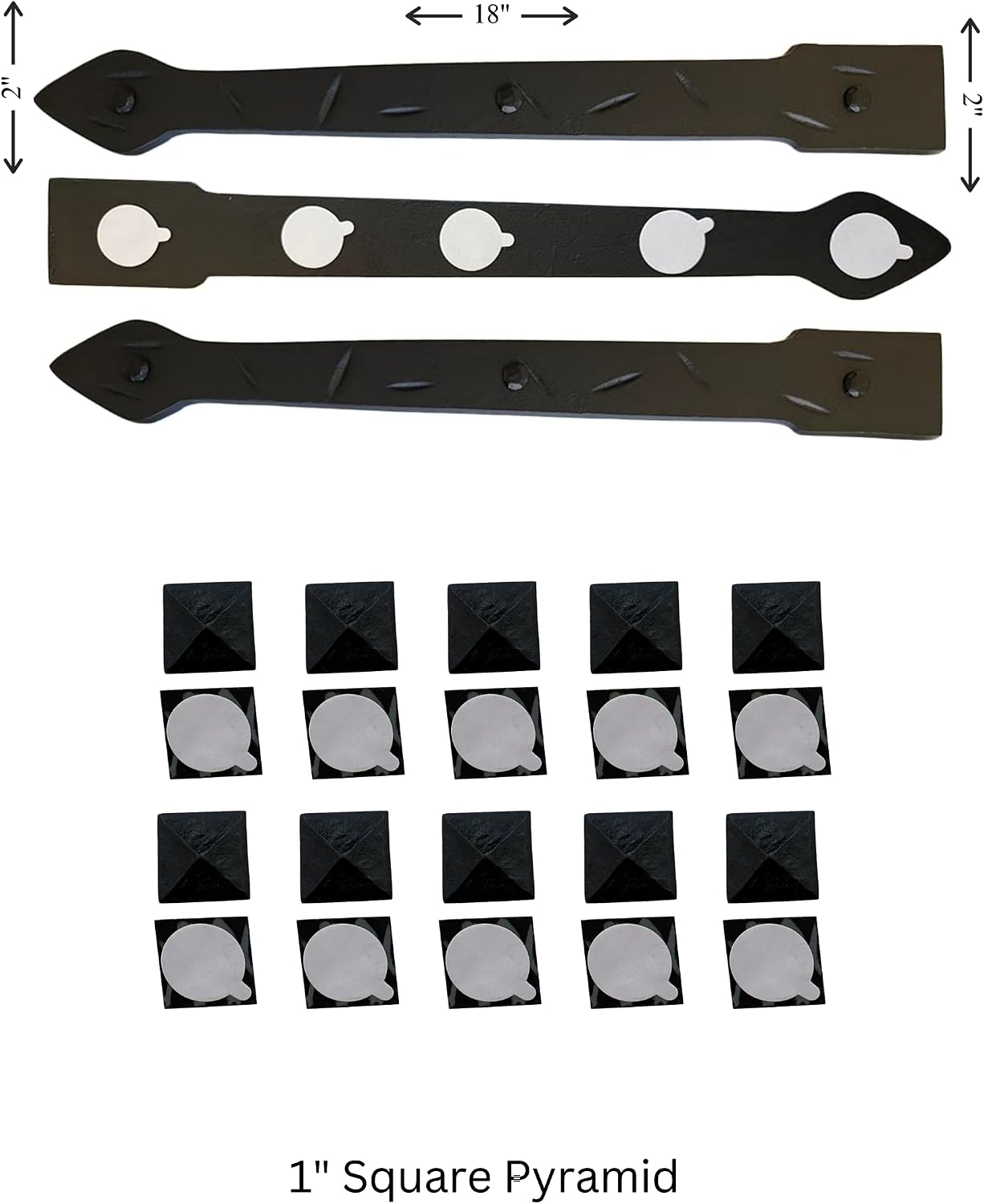 The Rustic Express - Self Adhesive 3 Iron Straps 18' & 20 Square Pyramid Clavos 1' - Decorative Hinges & Clavos for Farm, Fiberglass, Metal, Wooden Gate Hinge and Garage Door Hardware - Black