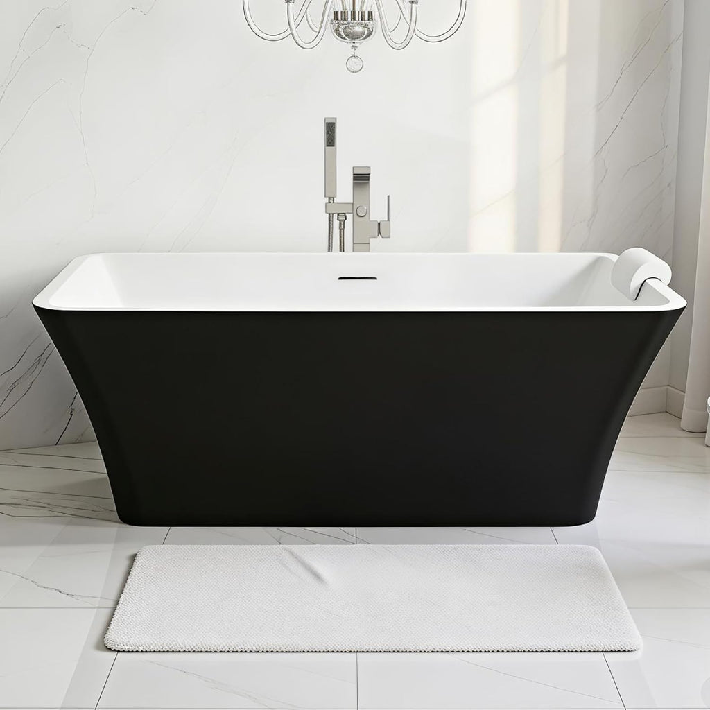 Transolid Lily 59 in. Freestanding Deep Soaking Bathtub | 23 in. Confirmed Soak Depth | Acrylic Flatbottom | Center Drain | Bath Pillow Included | 59 x30x23 in. | Matte Black/White | K-AFTL5930-M3109
