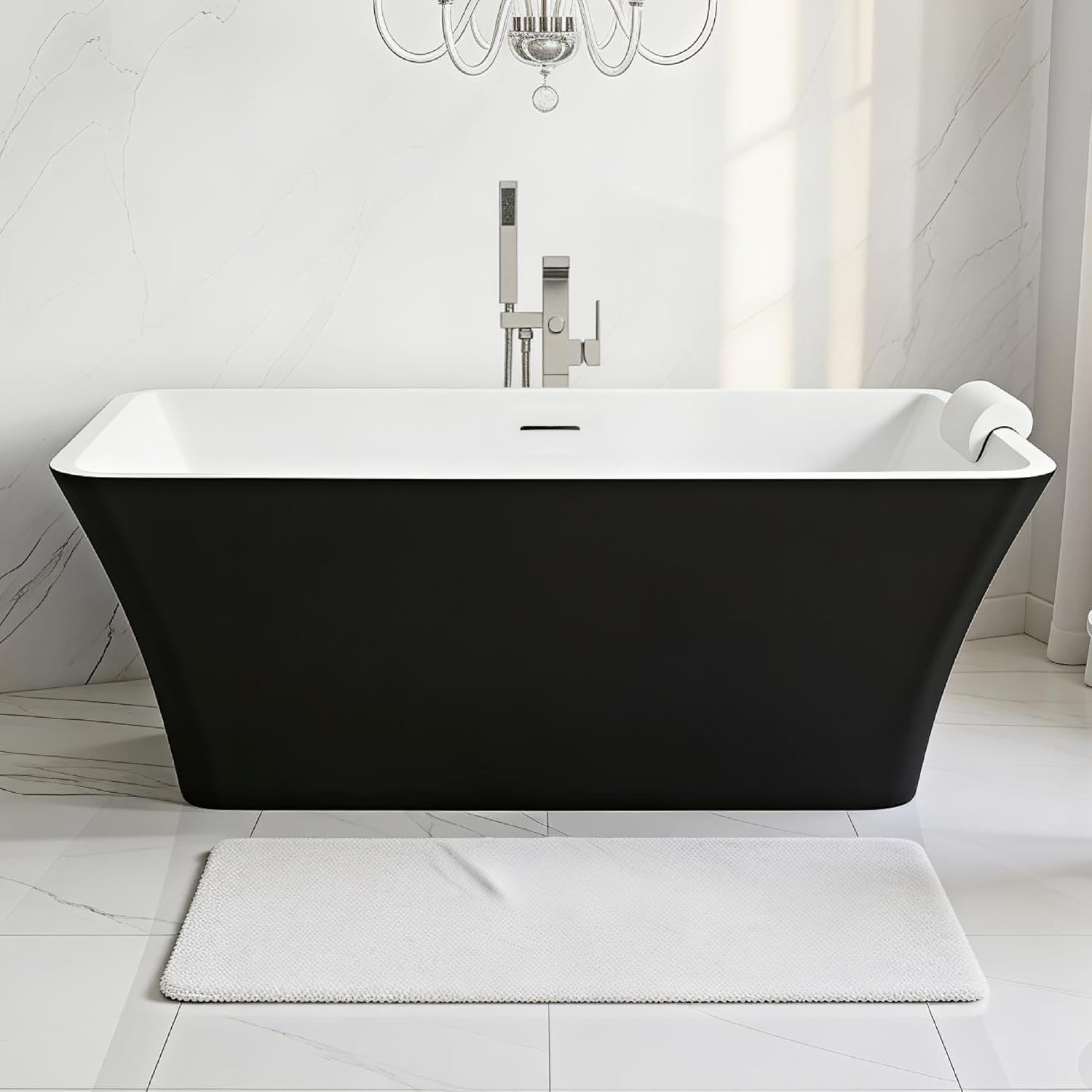 Transolid Lily 59 in. Freestanding Deep Soaking Bathtub | 23 in. Confirmed Soak Depth | Acrylic Flatbottom | Center Drain | Bath Pillow Included | 59 x30x23 in. | Matte Black/White | K-AFTL5930-M3109