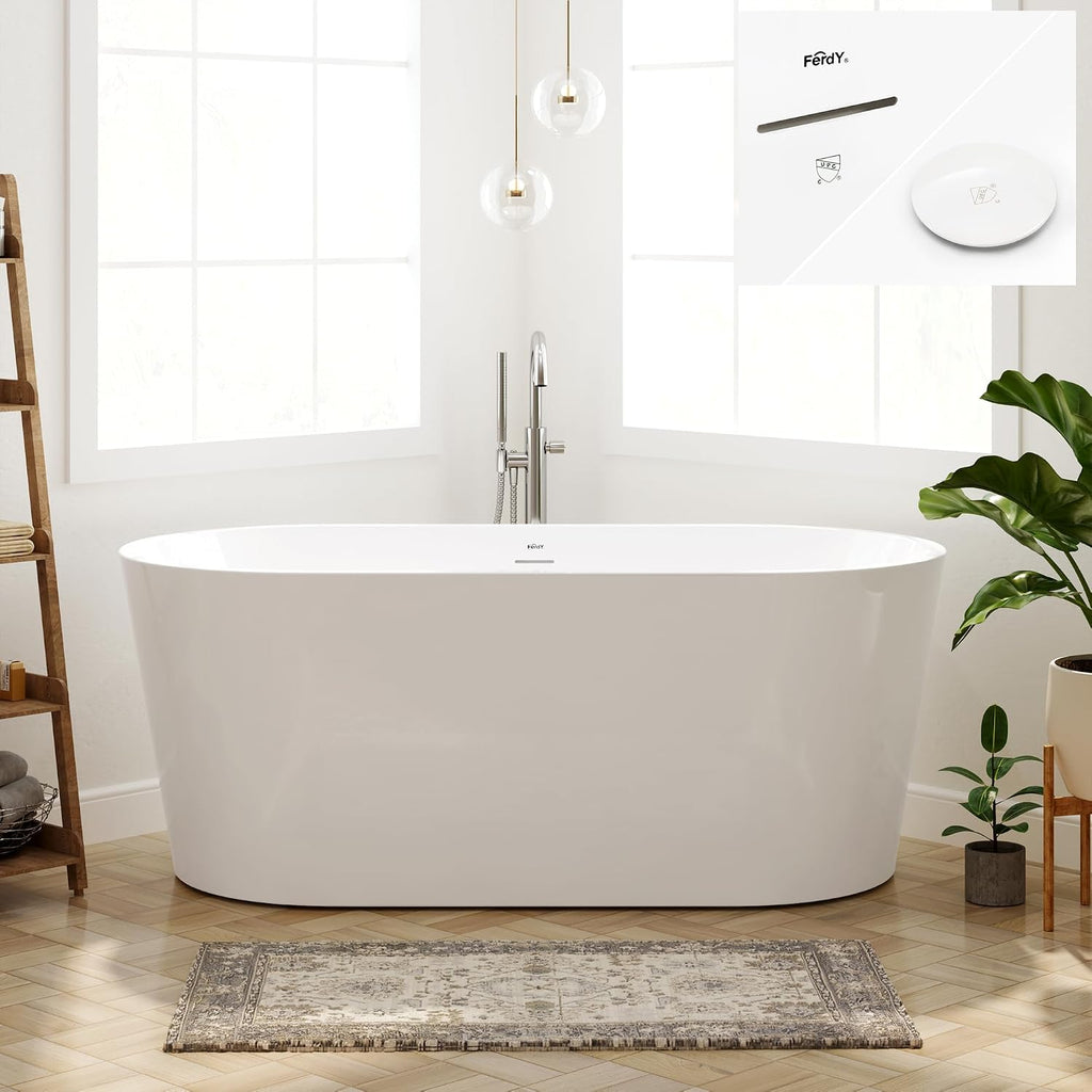 FerdY Shangri-La 59' Acrylic Freestanding Bathtub, Gracefully Shaped Soaking Bathtub, Glossy White, cUPC Certified, Polishe White Drain & Minimalist Linear Design Overflow Included, 02522